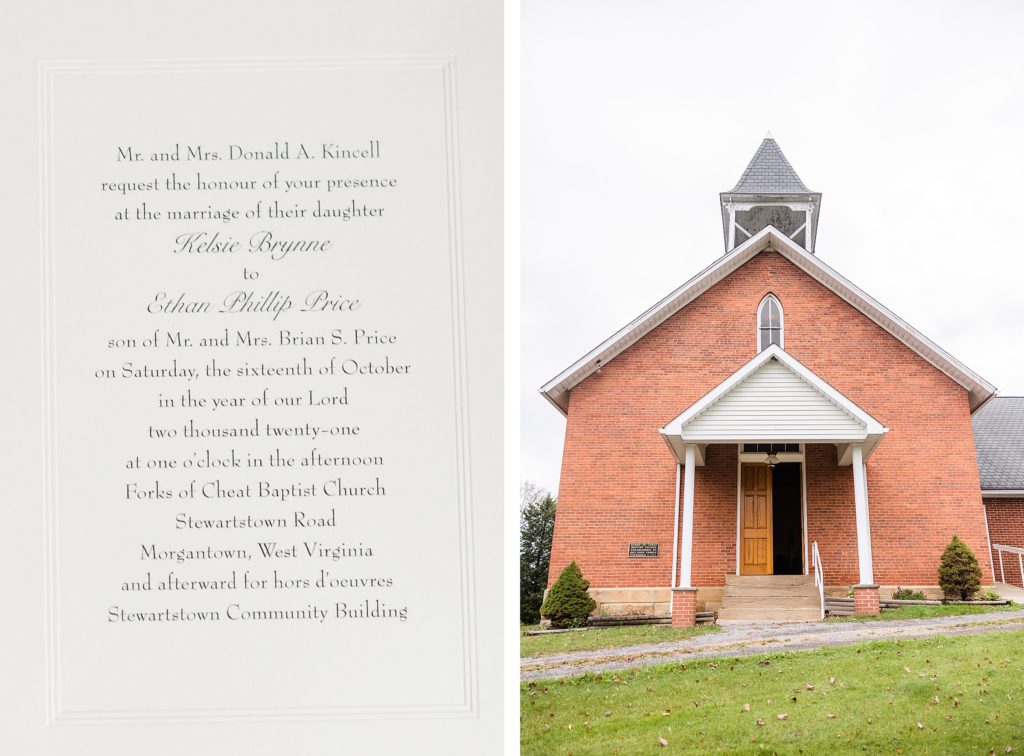 The Forks of Cheat Baptist Church in Morgantown, West Virginia. Photo taken by Austin Wedding Photographers, Joanna & Brett