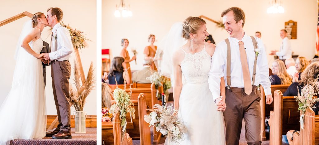 The Bride & Groom exchange their first kiss and celebrate their wedding at the Fork of Cheat Baptist Church in Morgantown, West Virginia.  Photo by Austin Wedding Photographers, Joanna & Brett