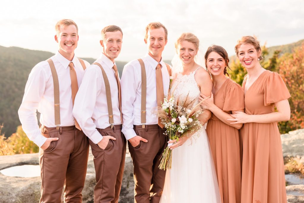 Bride and Groom with their Bridal Party at Raven's Rock in Morgantown, West Virginia. Photo by Joanna and Brett Photography, Austin Wedding Photographers