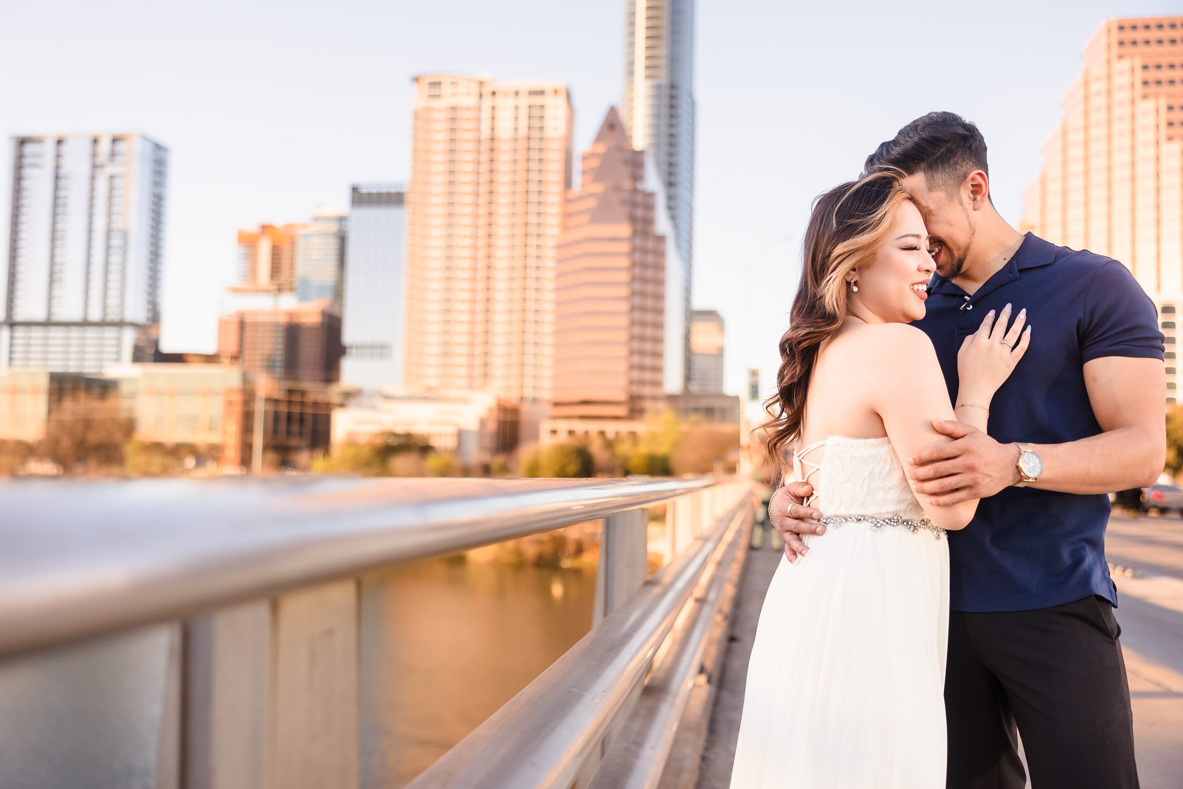 Couple celebrate their relationship in downtown Austin, Texas. Photograph taken by Austin wedding photographers, Joanna and Brett Photography