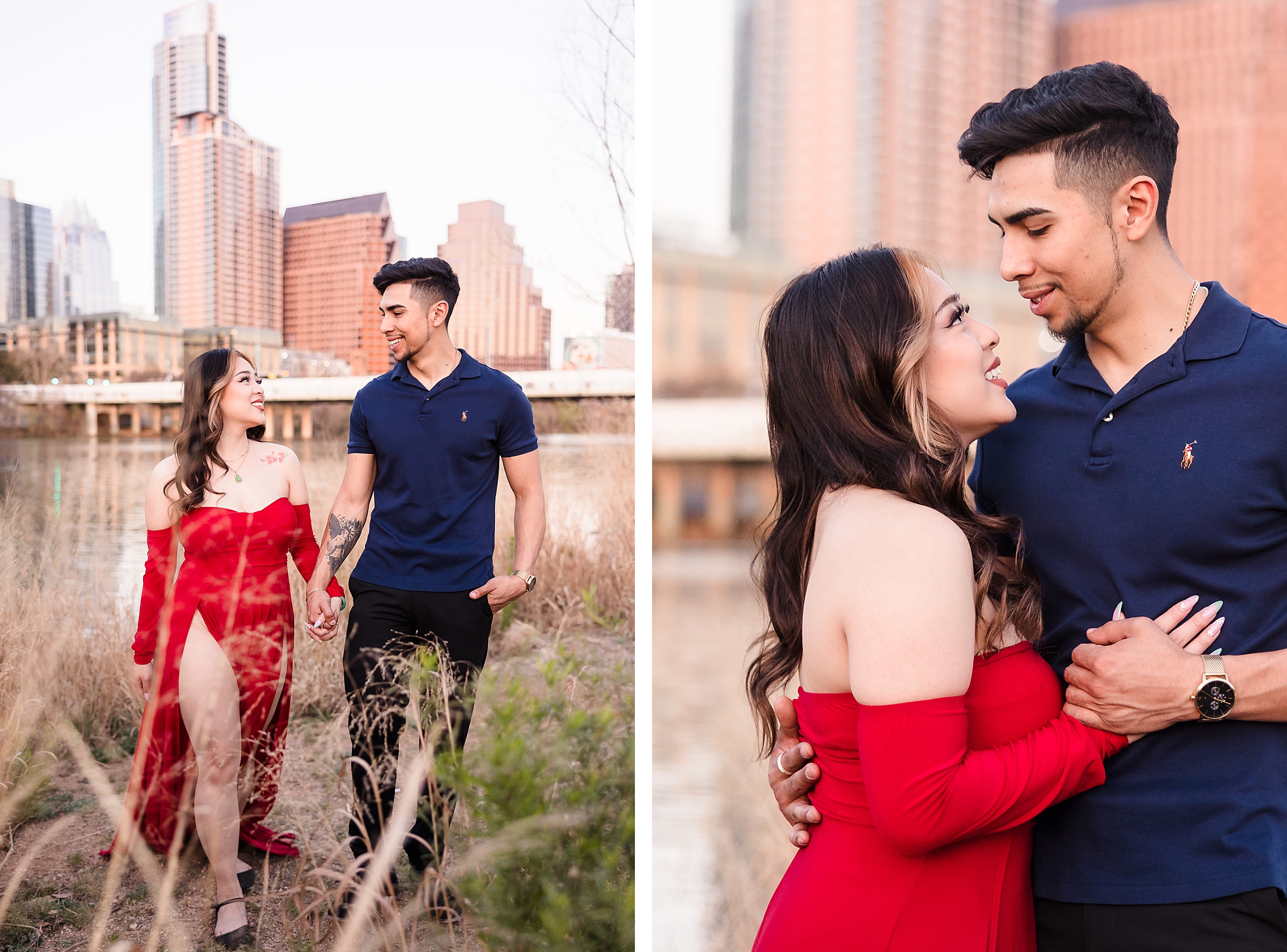 Couple celebrate their relationship in downtown Austin, Texas. Photograph taken by Austin wedding photographers, Joanna and Brett Photography