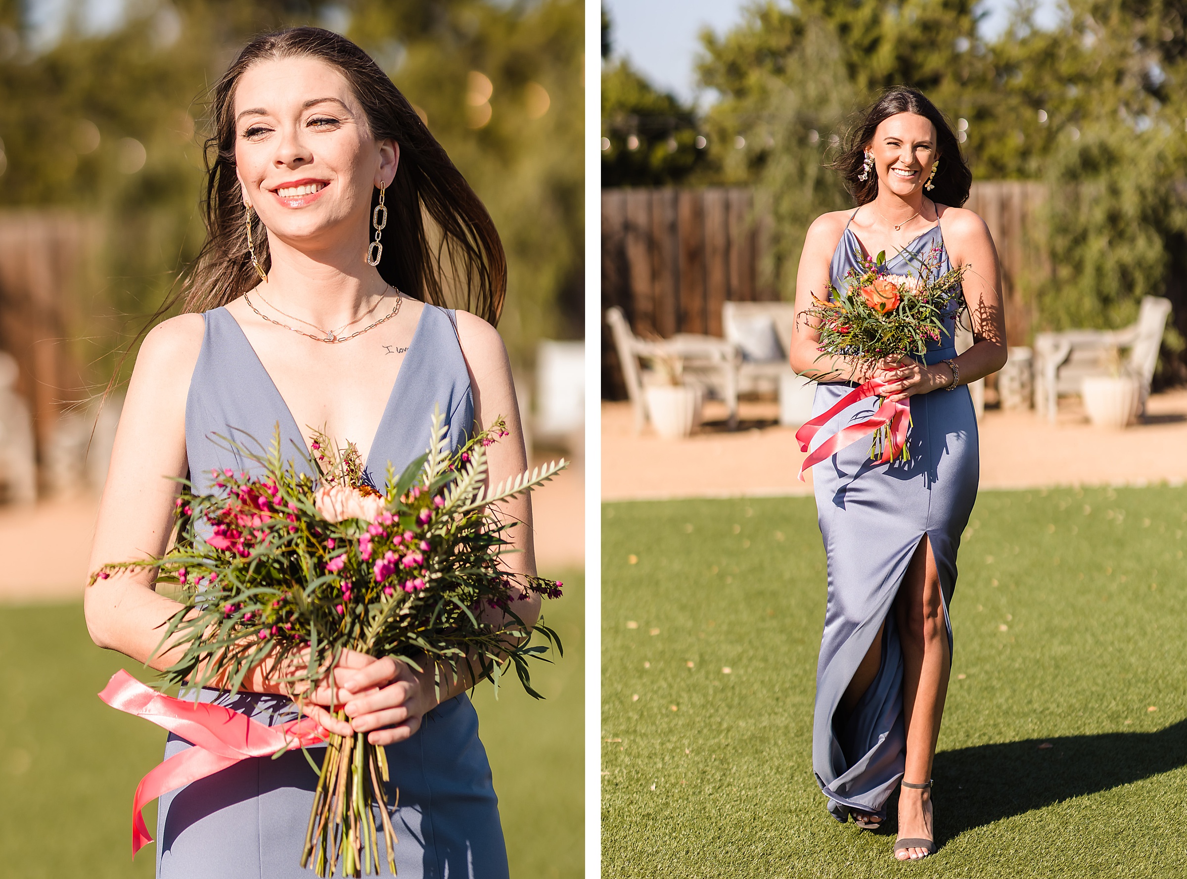 Bridesmaids walk down the aisle at at the Camp Hideaway Retreat wedding venue in Fredericksburg, Texas. Photograph taken by Austin wedding photographers, Joanna and Brett Photography. 