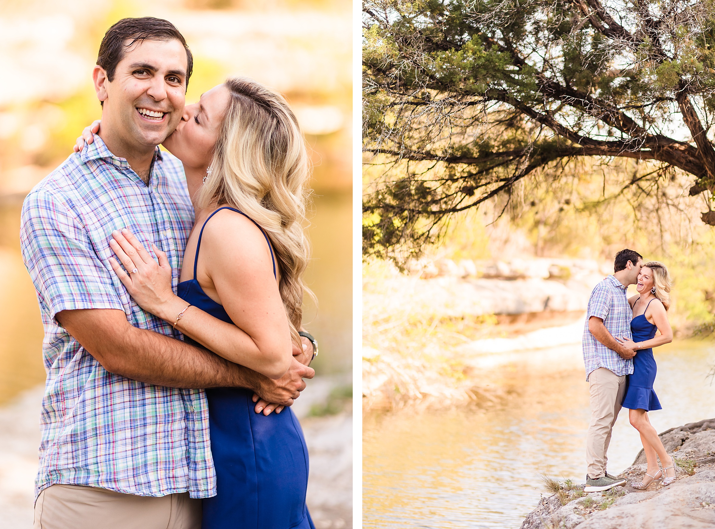 Couple Embrace during their engagement session at Bull Creek Park in Austin, Texas.
