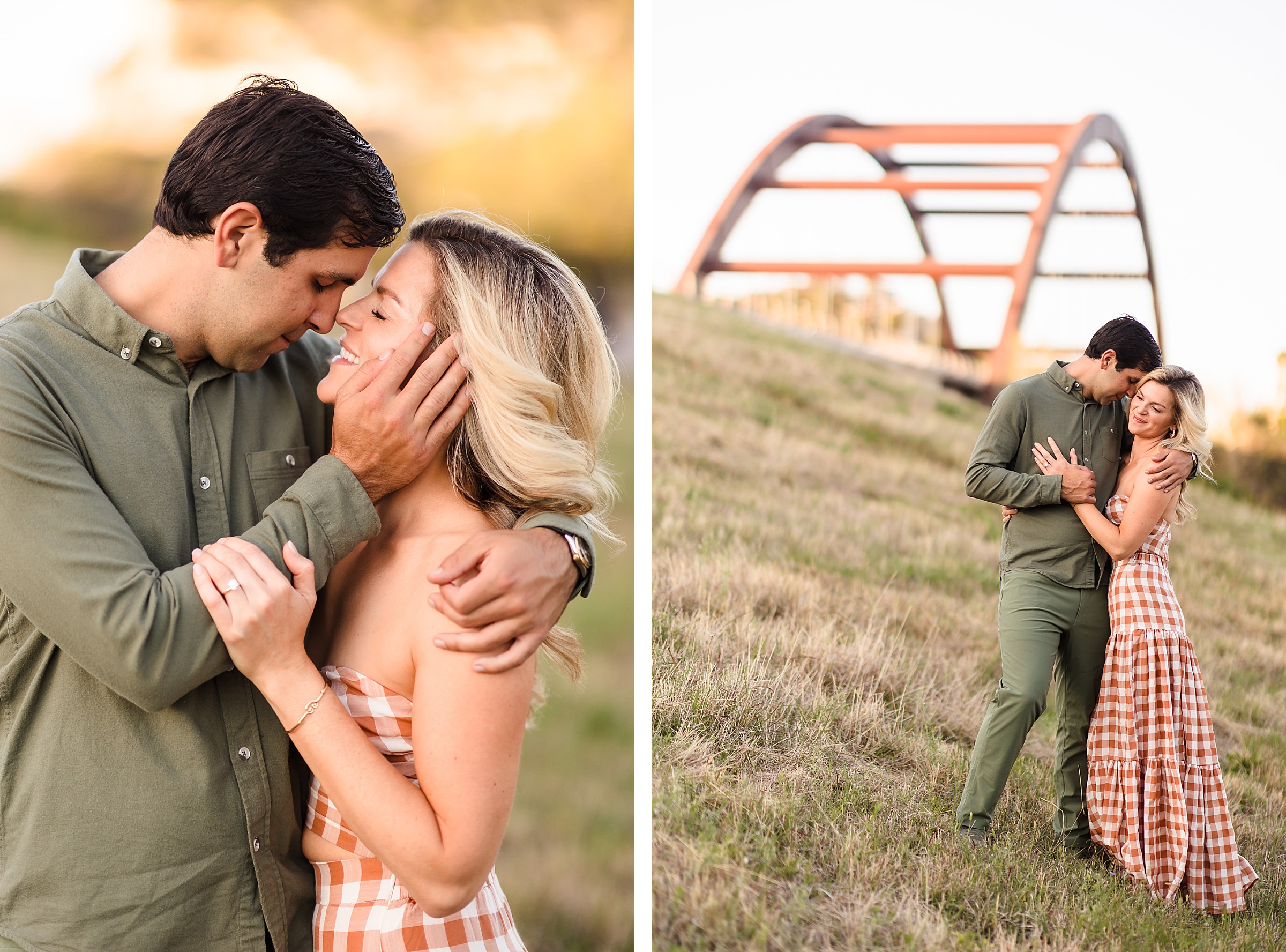 Couple Embrace during their engagement session at the 360 Bridge in Austin, Texas.