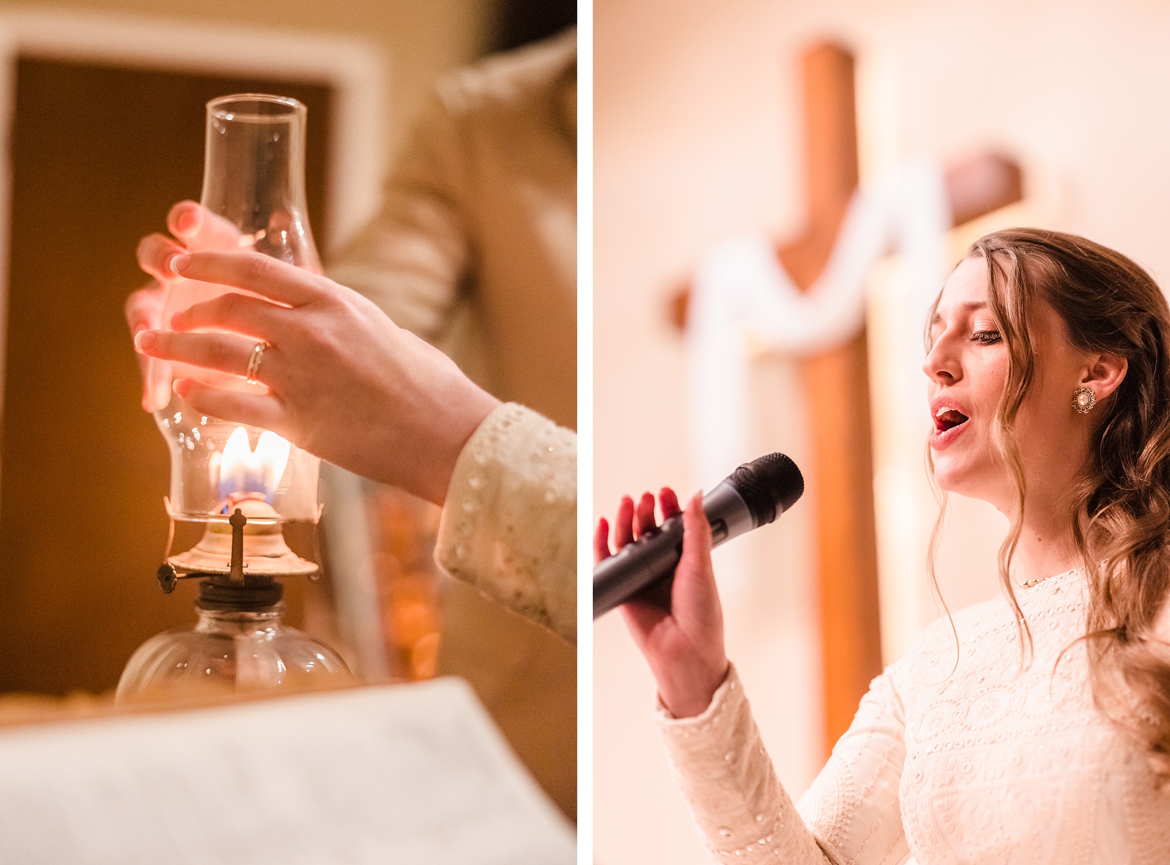 Bride sings during her wedding ceremony in Bloomington-Normal, Illinois.