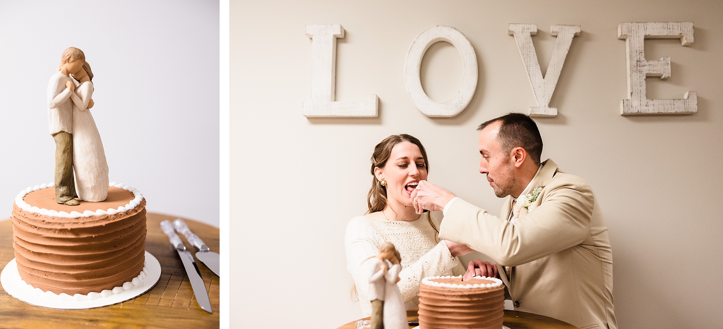 Bride and groom eat their wedding cake during a wedding in Bloomington-Normal, Illinois.