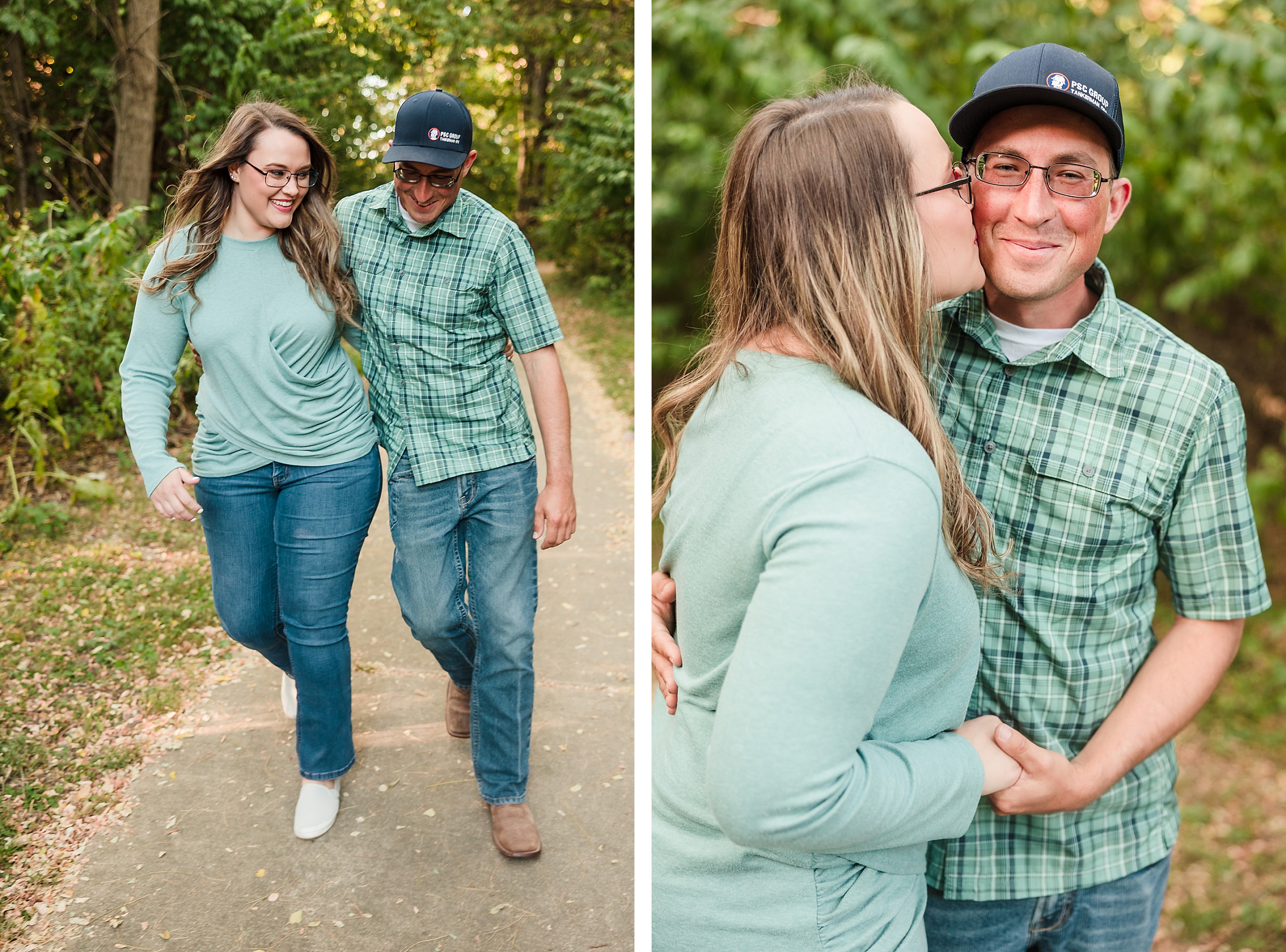 Couple embrace during their engagement session at Buffalo Rock State Park in Lasalle, Illinois