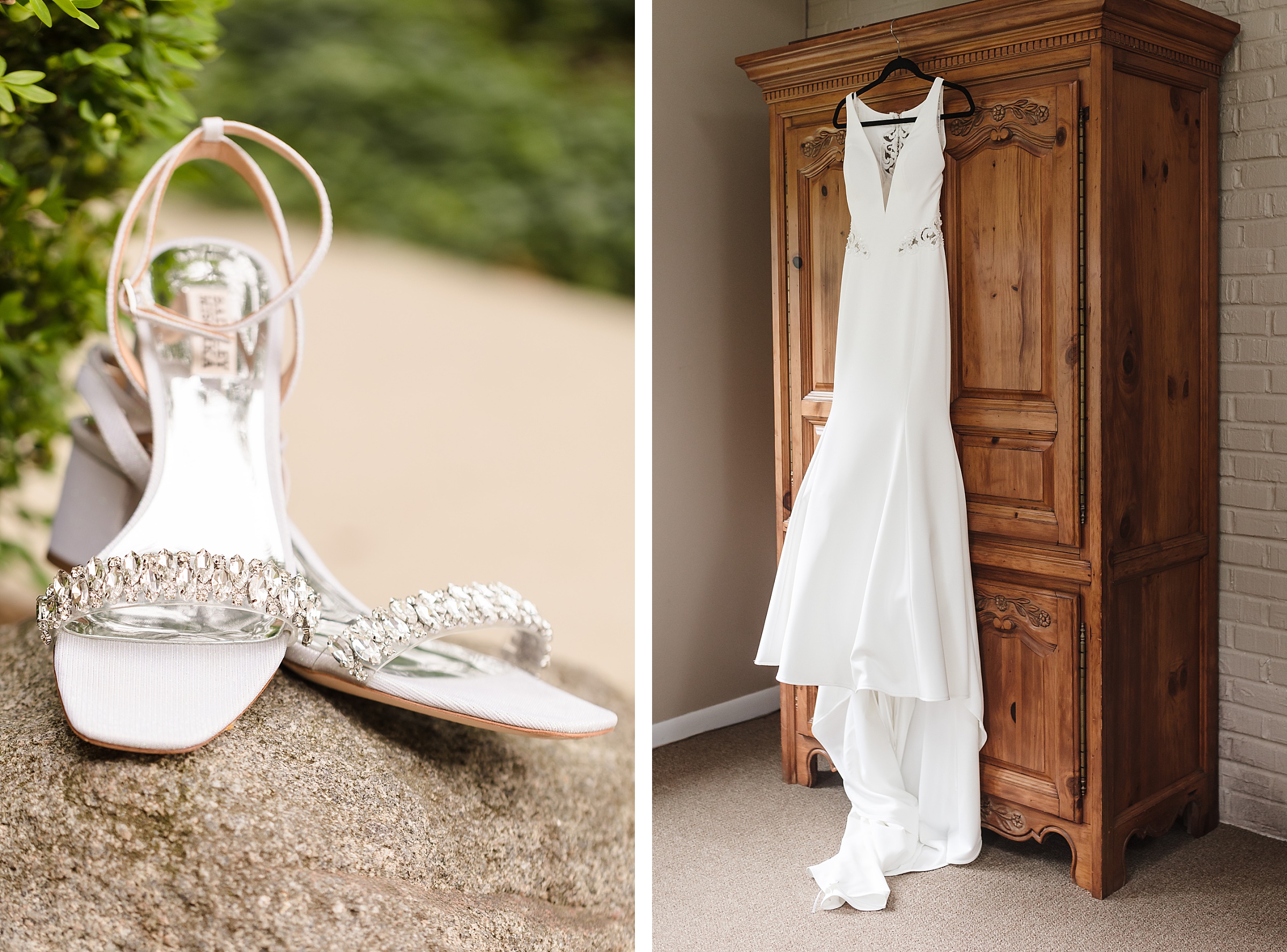 Bride's dress and shoes during a wedding at the Chevy Chase Country Club in Wheeling, Illinois.