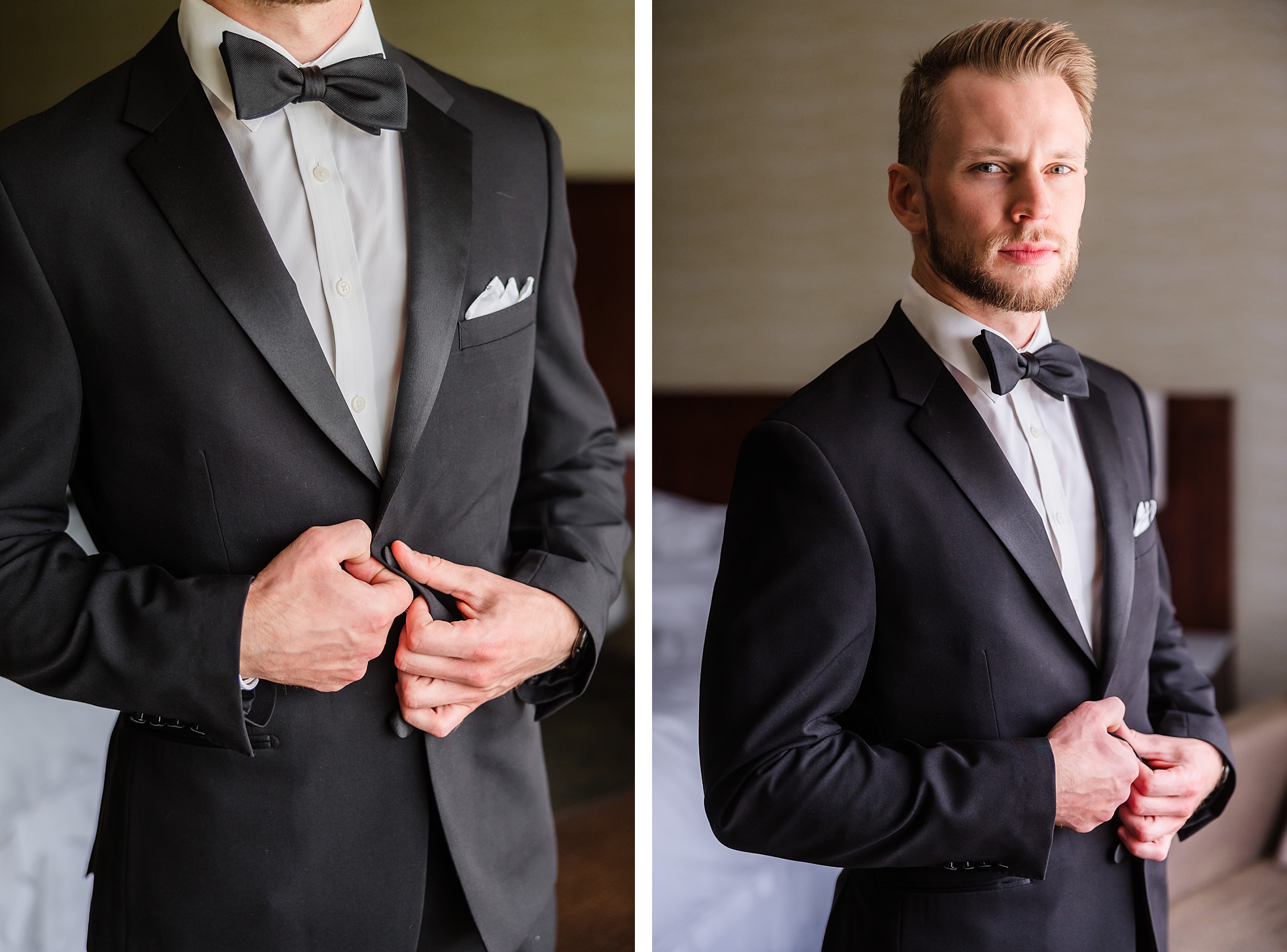 Groom gets dressed before his wedding at the Chevy Chase Country Club in Wheeling, Illinois.