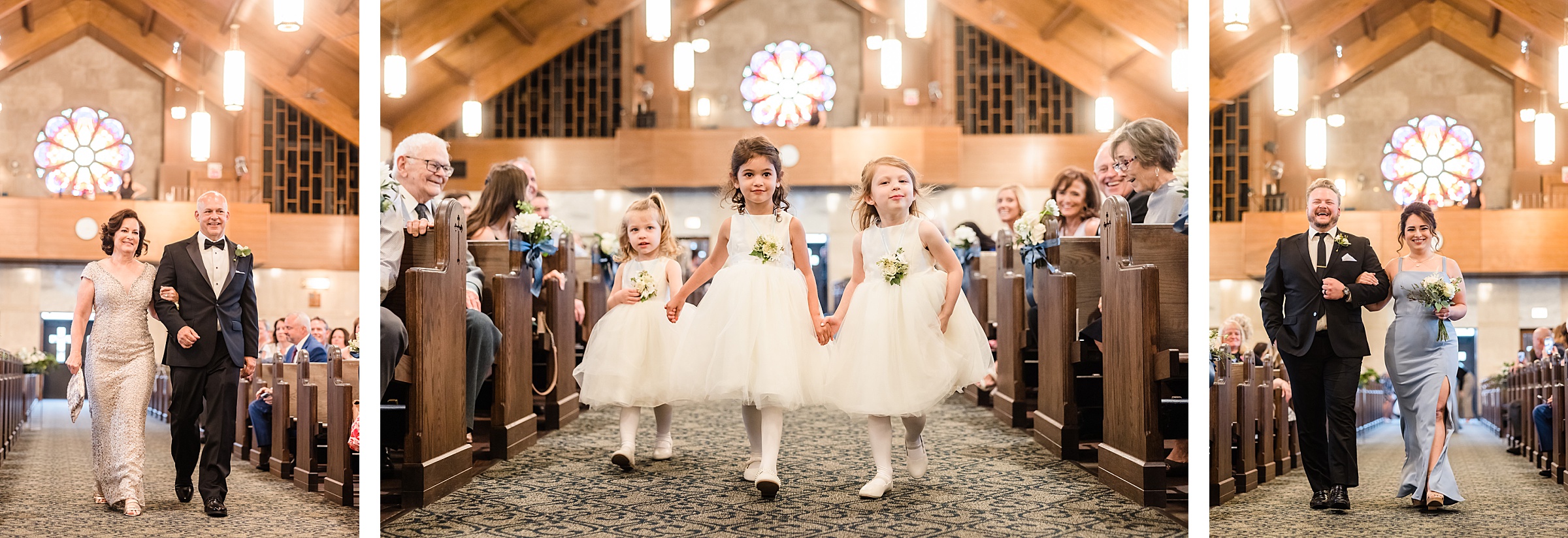 Flowergirls walk down the aisle during a wedding at Our Lady of the Wayside Church in Illinois.