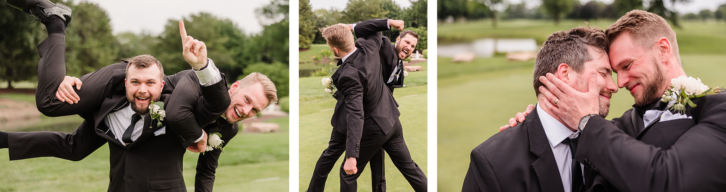 Groom celebrating his wedding with his groomsmen at the Chevy Chase Country Club in Wheeling, Illinois.