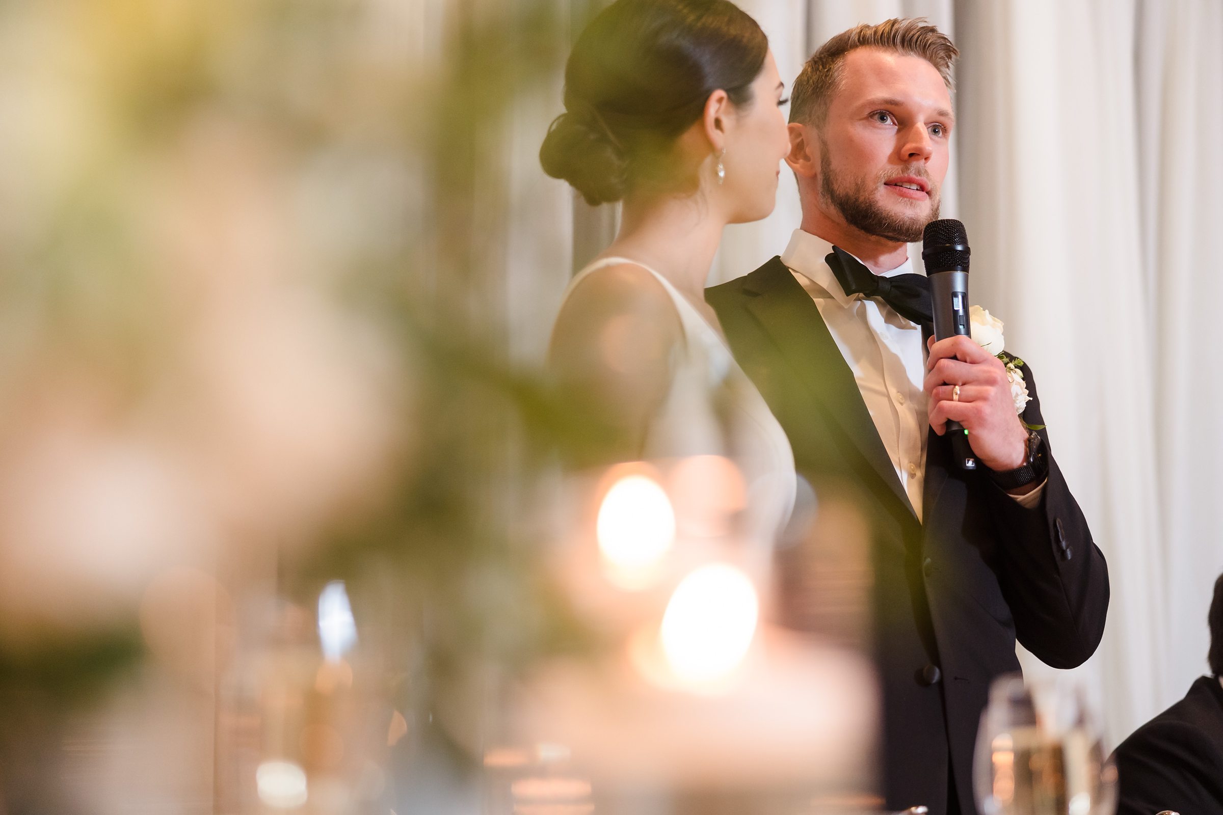 Groom shares a heartfelt speech during a wedding at the Chevy Chase Country Club in Wheeling, Illinois.