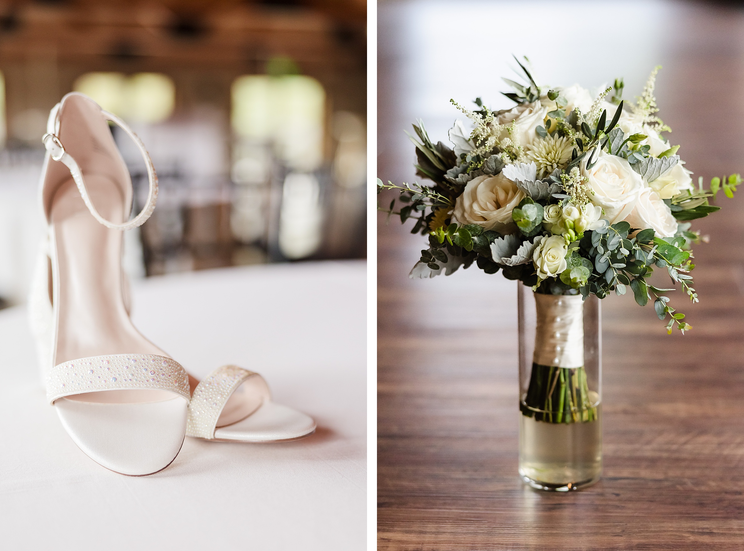Bride's shoes and bouquet at her wedding at the Fisherman's Inn in Elburn, Illinois.