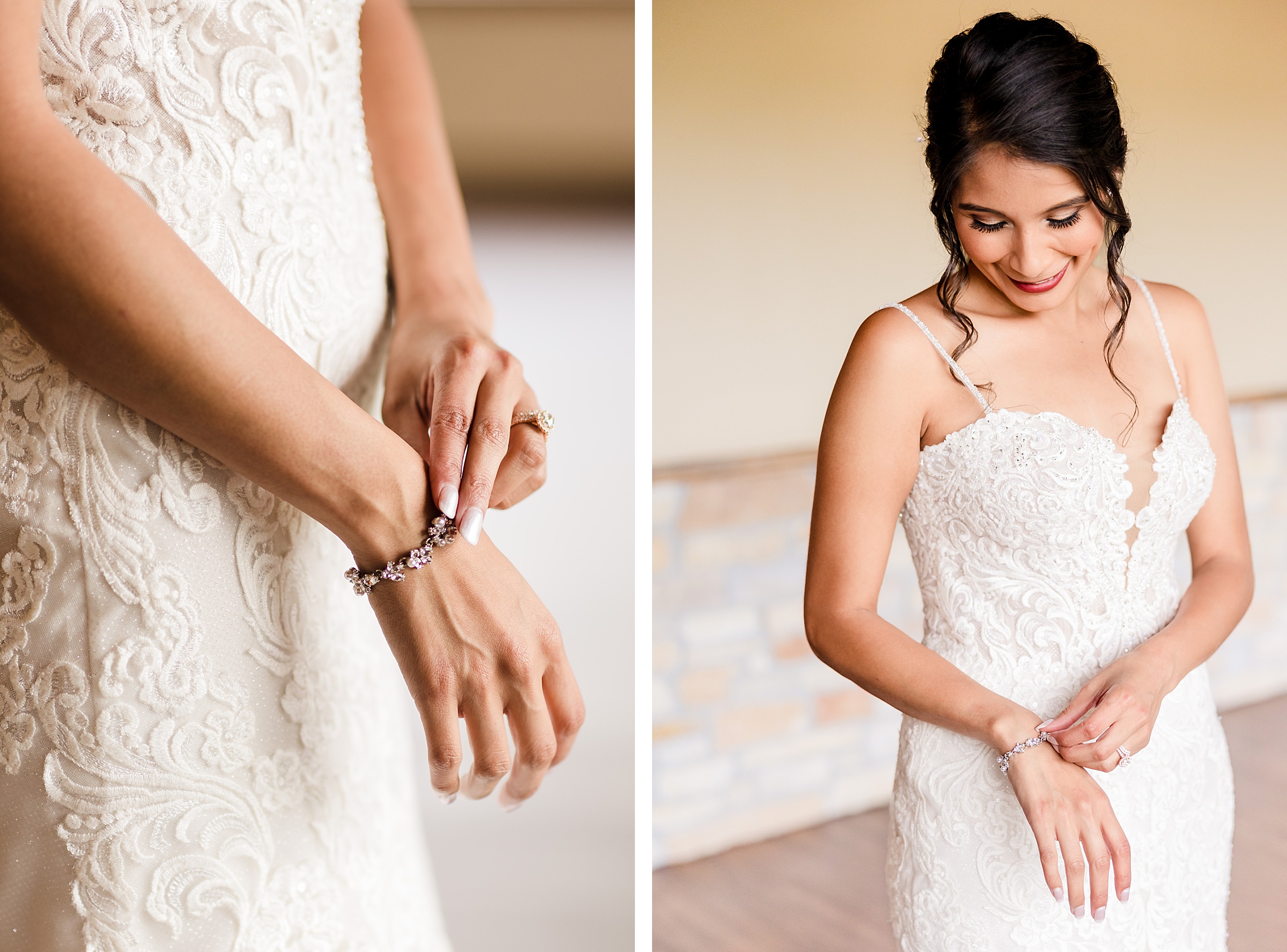 Bride puts on her bracelet before her wedding at the Fisherman's Inn in Elburn, Illinois.