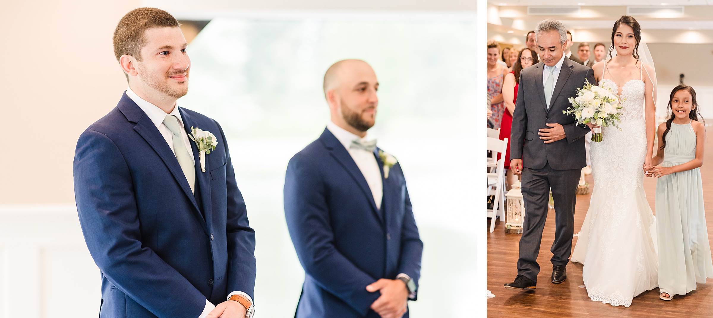 Groom watches the bride walk down the aisle during their wedding ceremony at the Fisherman's Inn in Elburn, Illinois.