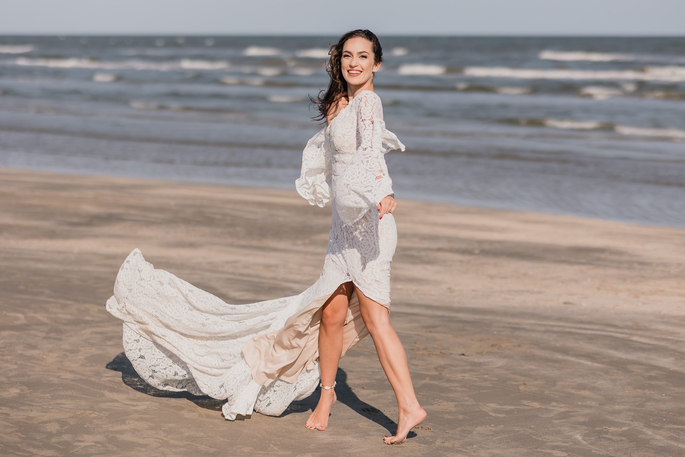 Bridal Portrait during an elopement at Galveston Beach in Texas.