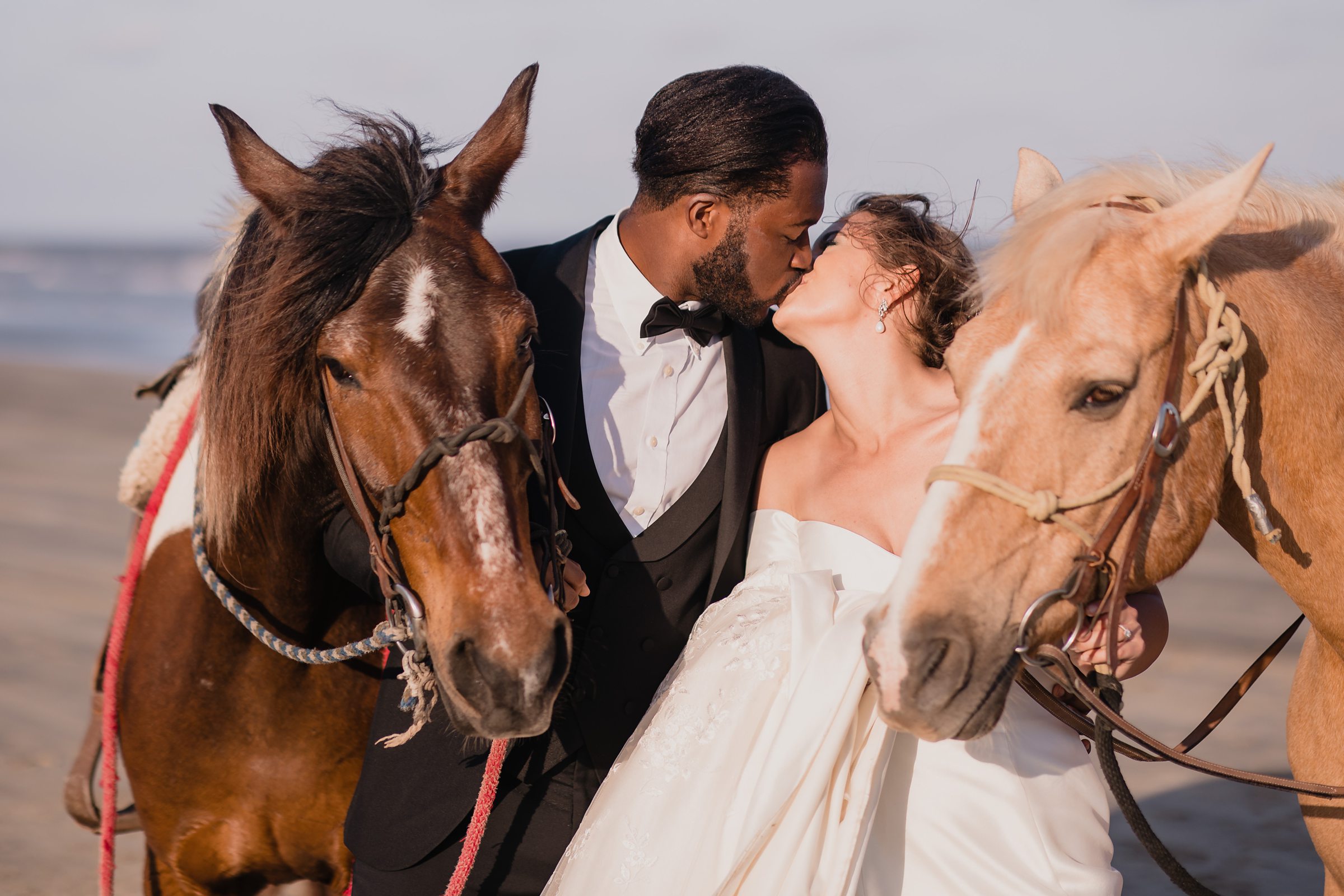 Bride and Groom kiss with their horses during an elopement in Galveston Beach, Texas