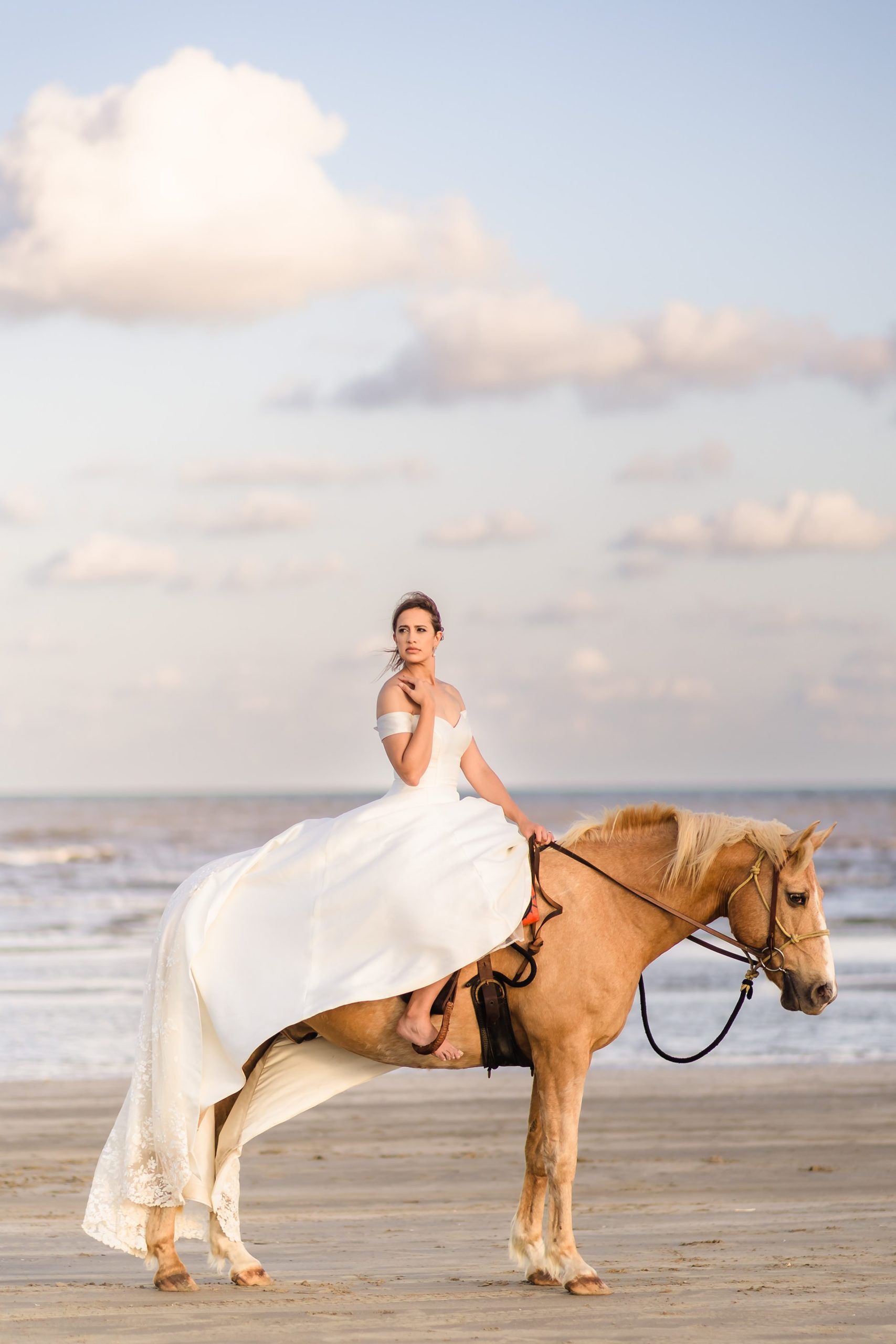 Bridal Portrait during an elopement at Galveston Beach in Texas.