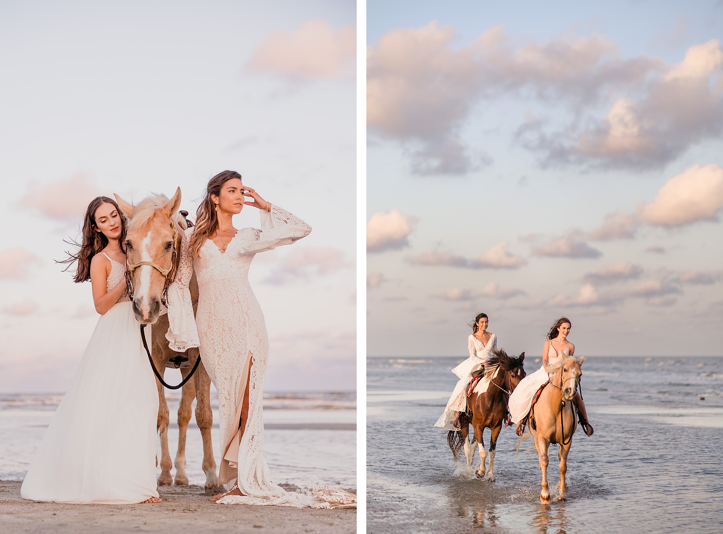 Bride portraits with their horses during an elopement in Galveston Beach, Texas