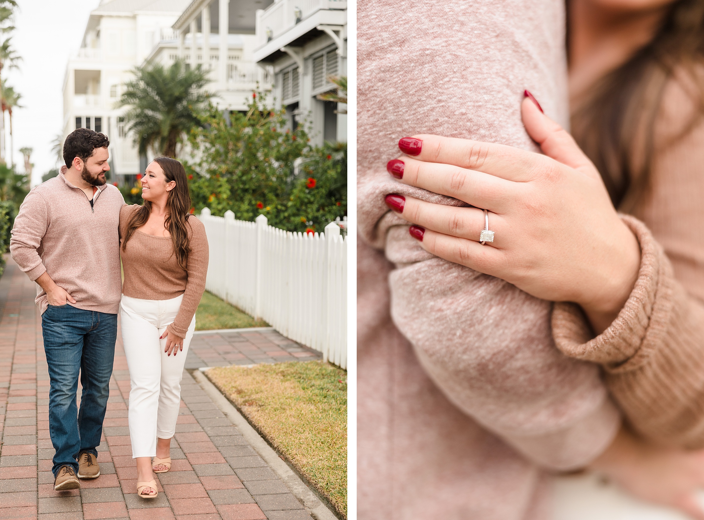 Couple go for a walk during their Galveston Beach engagement session.