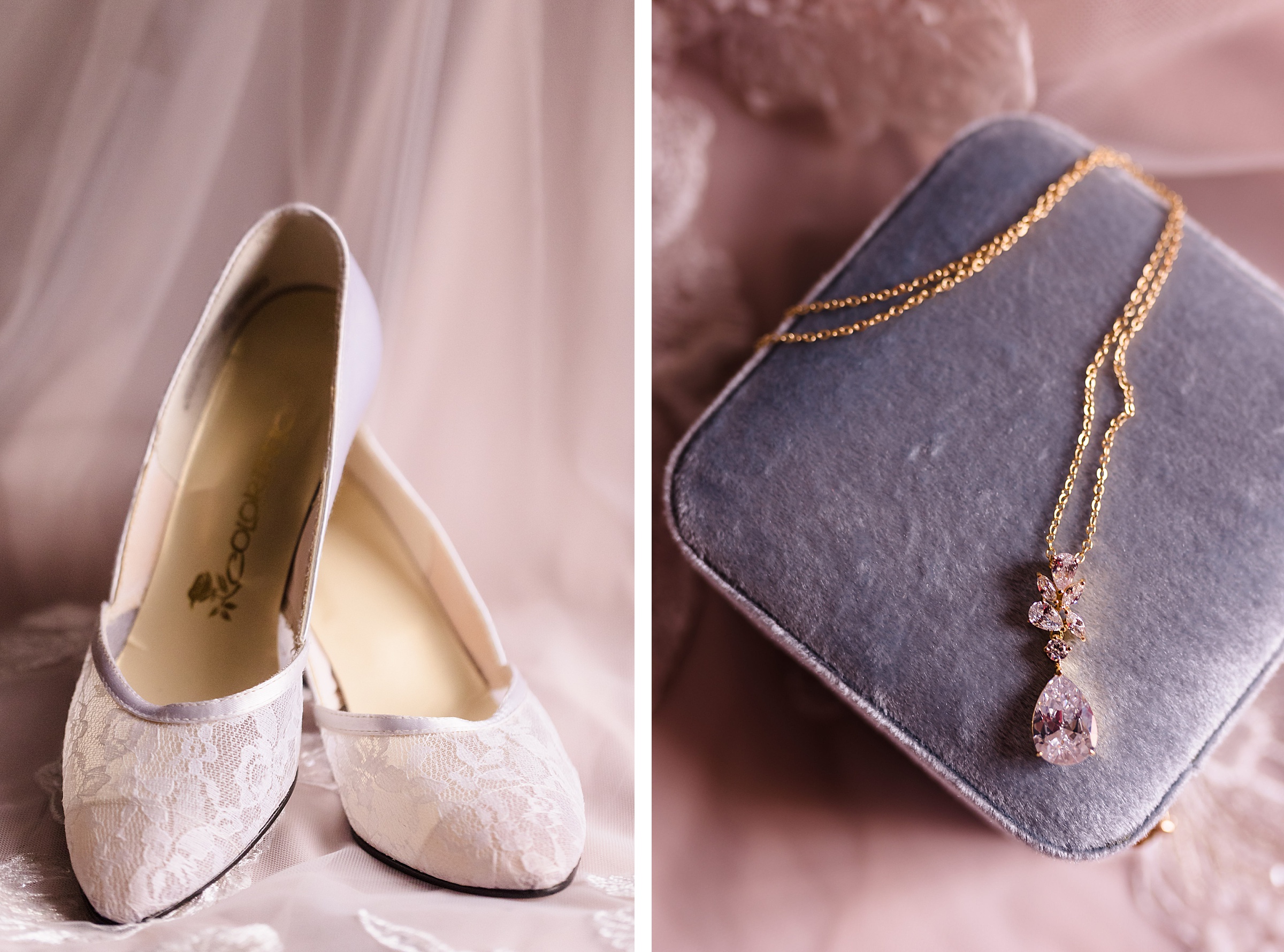 Shoes & Necklace on display before a wedding at the Hotel Pere Marquette in Peoria, Illinois.