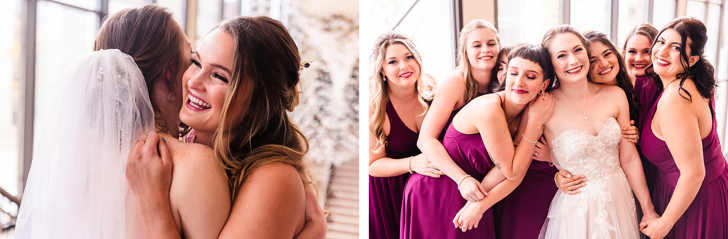 Bridesmaids hug the bride before her wedding at the Hotel Pere Marquette in Peoria, Illinois.