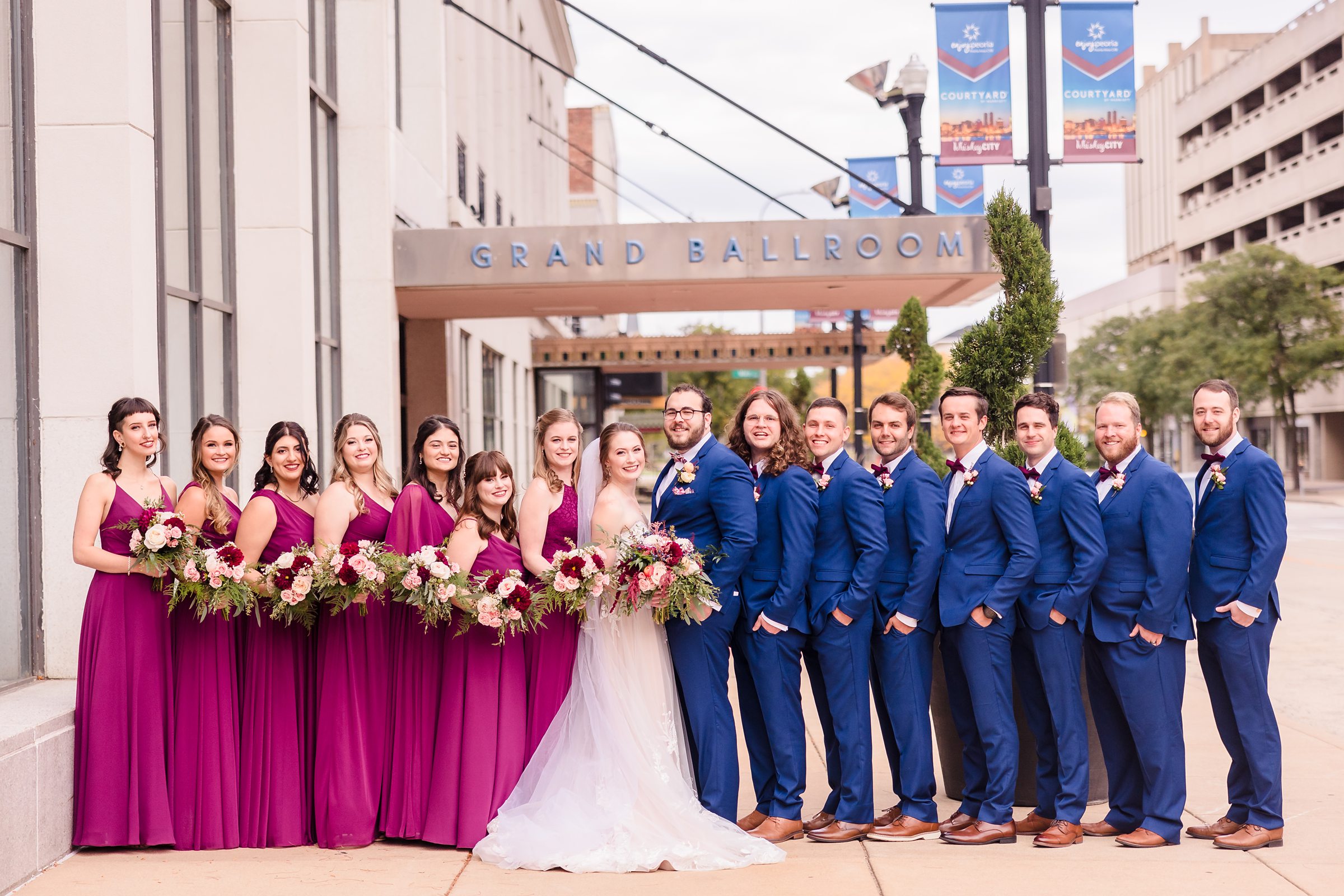 Full bridal party at the Hotel Pere Marquette in Peoria, Illinois.
