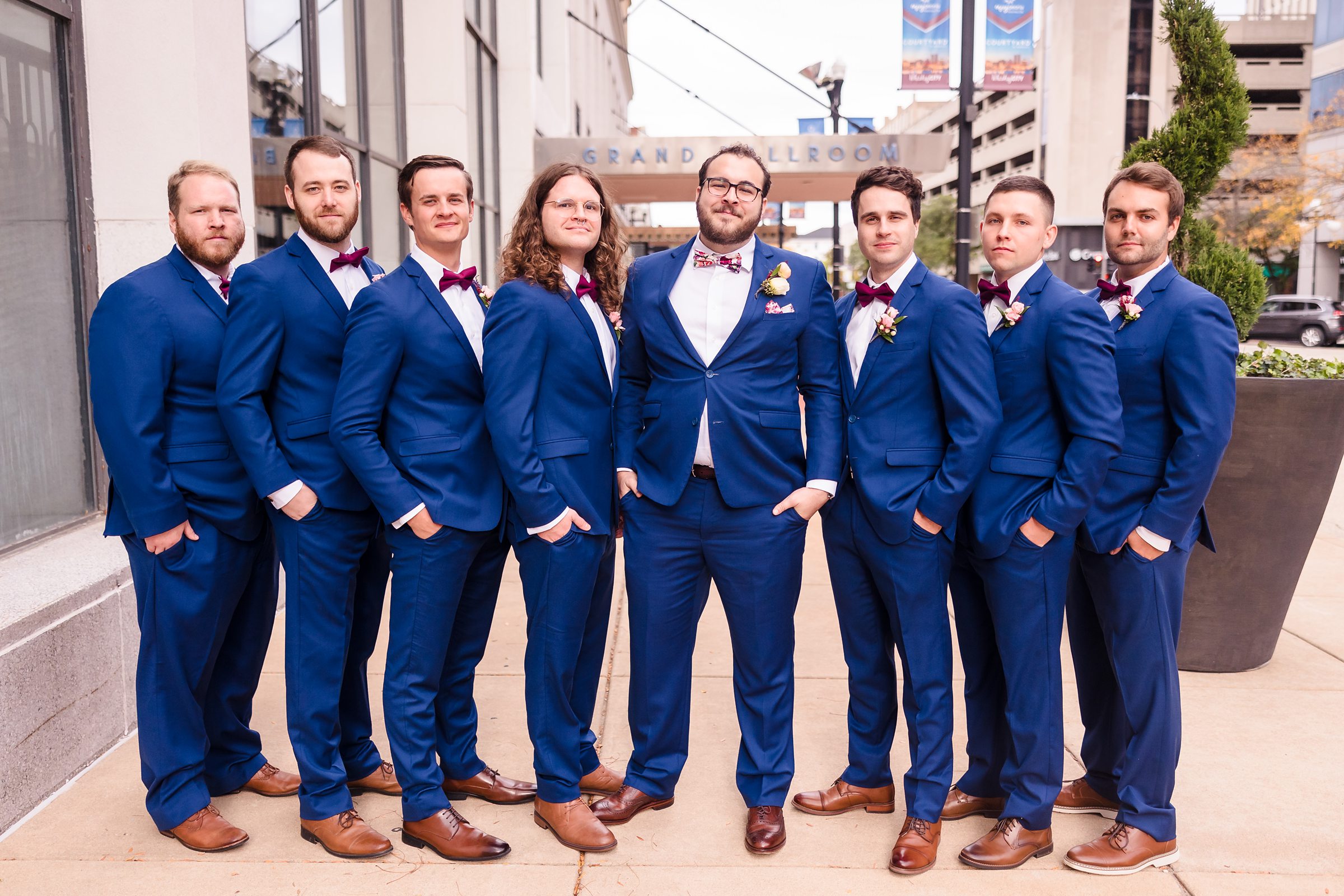 Groom with his groomsmen before his wedding at the Hotel Pere Marquette in Peoria, Illinois.