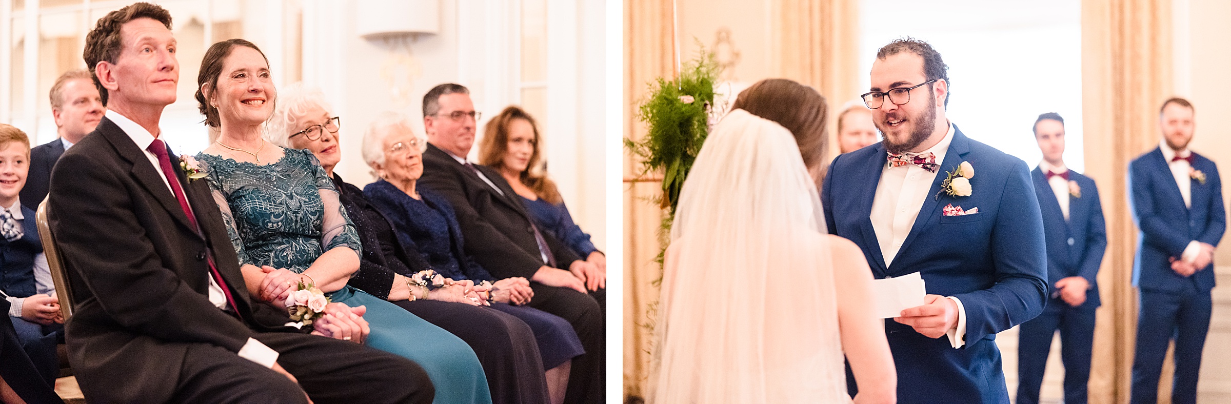 Family watches bride and groom during a wedding ceremony at the Hotel Pere Marquette in Peoria, Illinois.