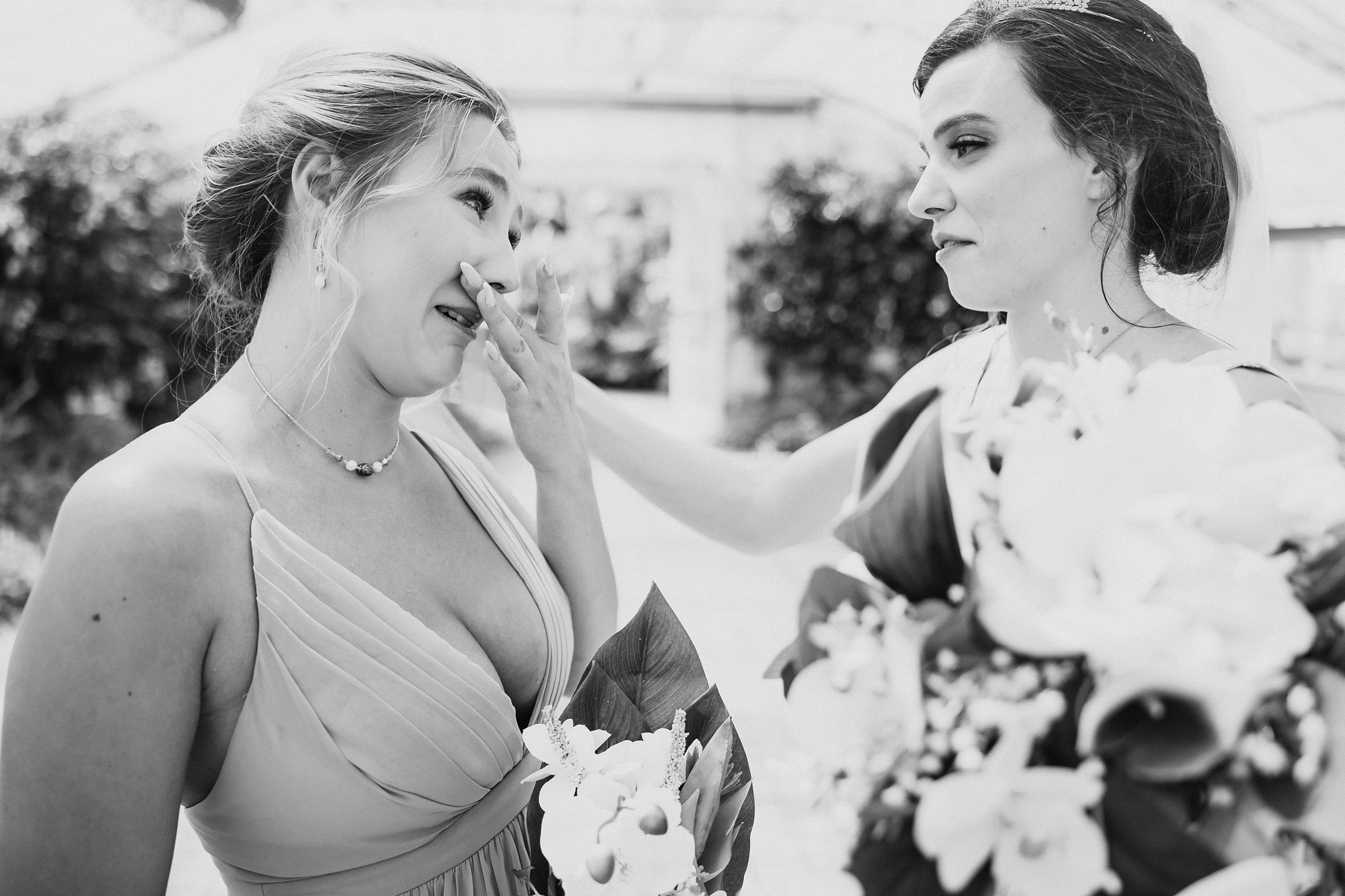 Bridesmaid gets emotional during a wedding at the Bird Haven Greenhouse & Conservatory in Joliet, Illinois.