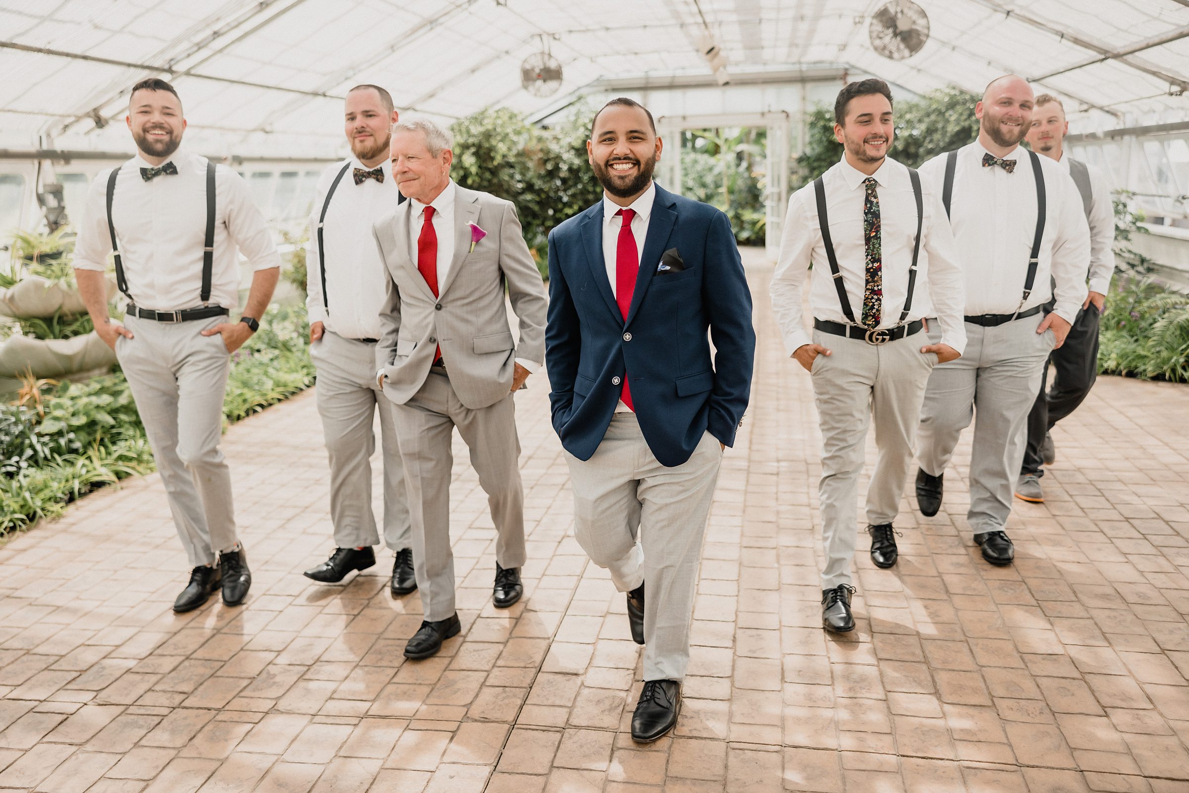 Groom and Groomsmen during his wedding at the Bird Haven Greenhouse & Conservatory in Joliet, Illinois.