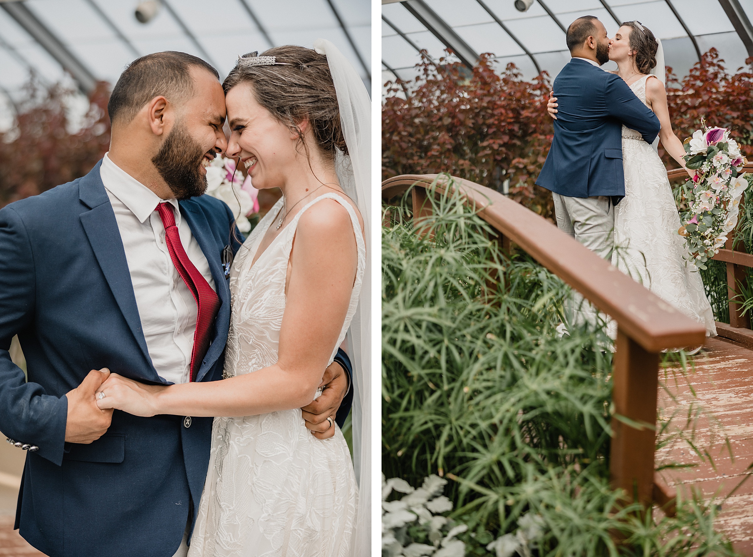 Couple embrace during their wedding at the Bird Haven Greenhouse & Conservatory in Joliet, Illinois