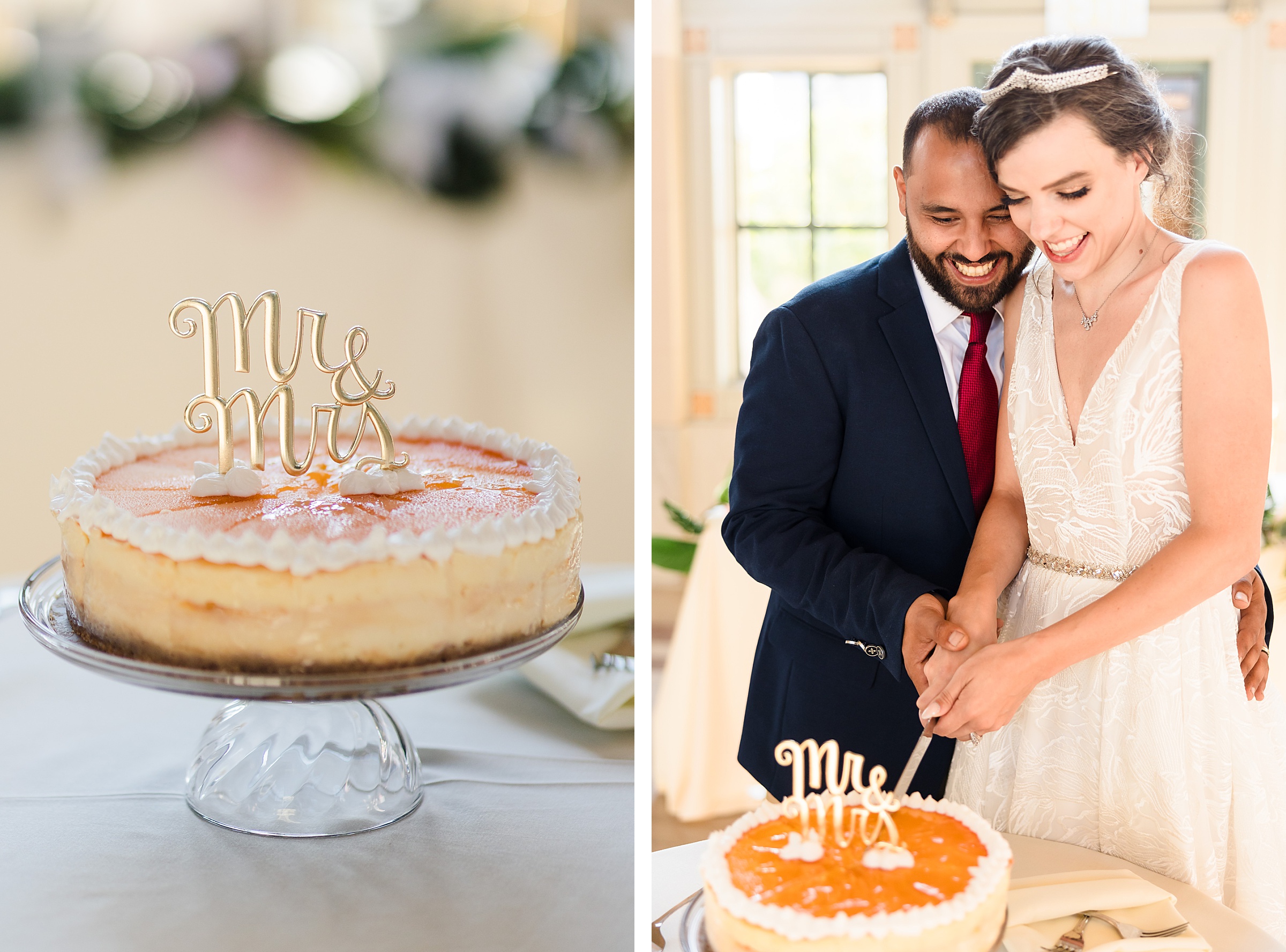Bride and groom cut their wedding cheesecake during their wedding at the Union Station in Joliet, Illinois.