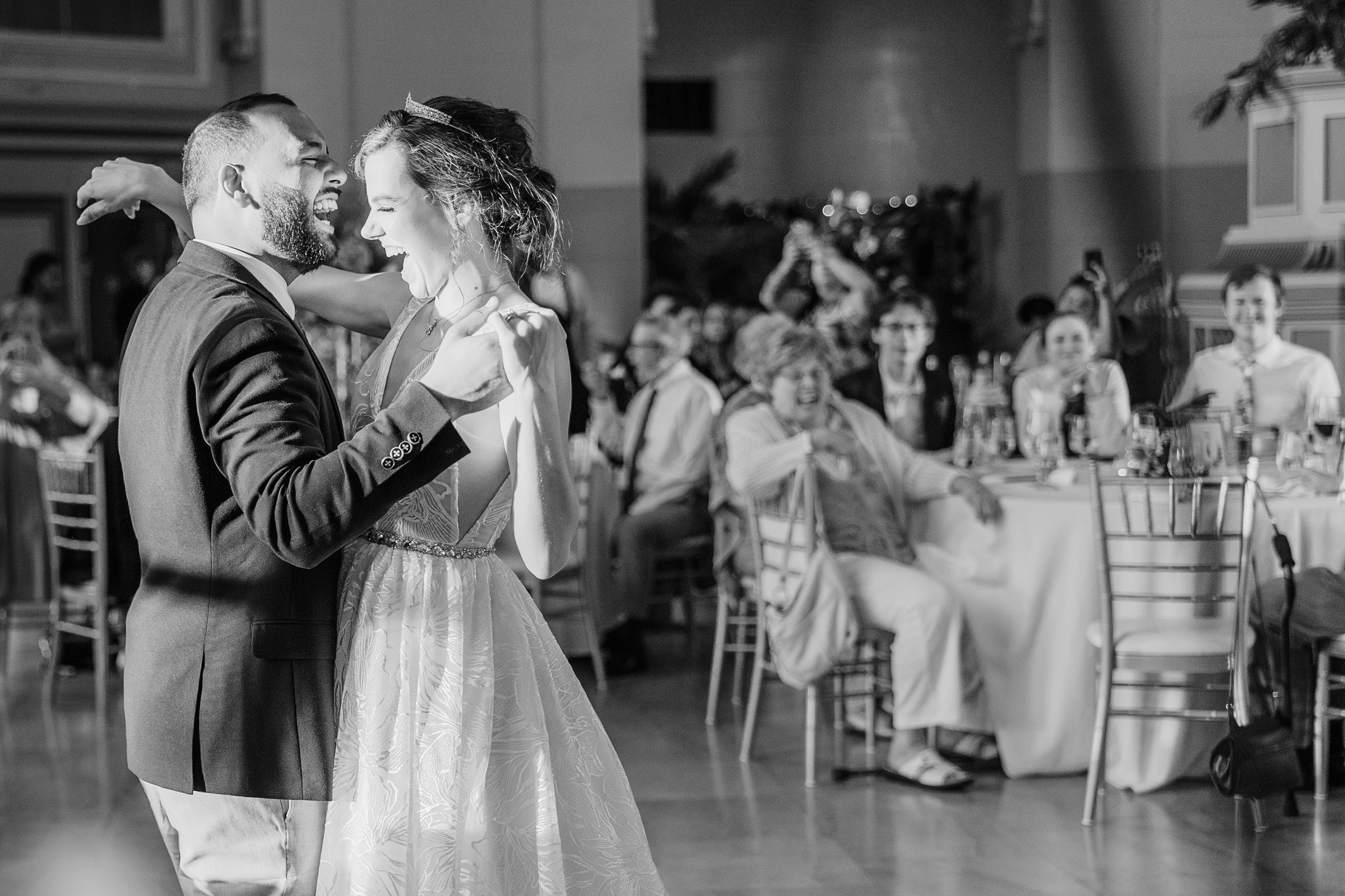 Bride and groom share their first dance. during their wedding at the Union Station in Joliet, Illinois.