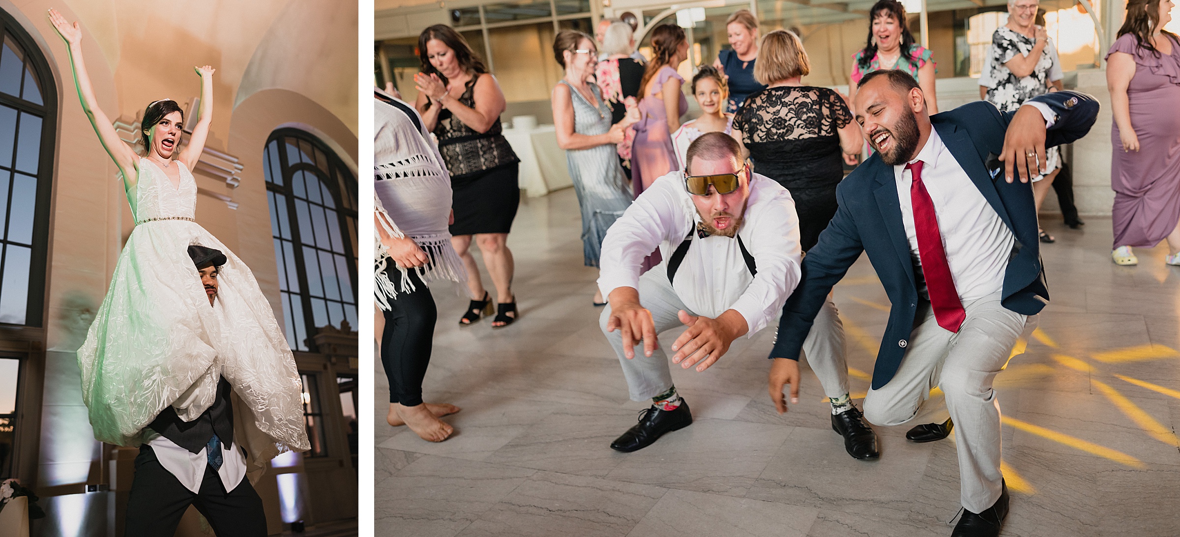 Wedding guests dance during a wedding at the Union Station in Joliet, Illinois
