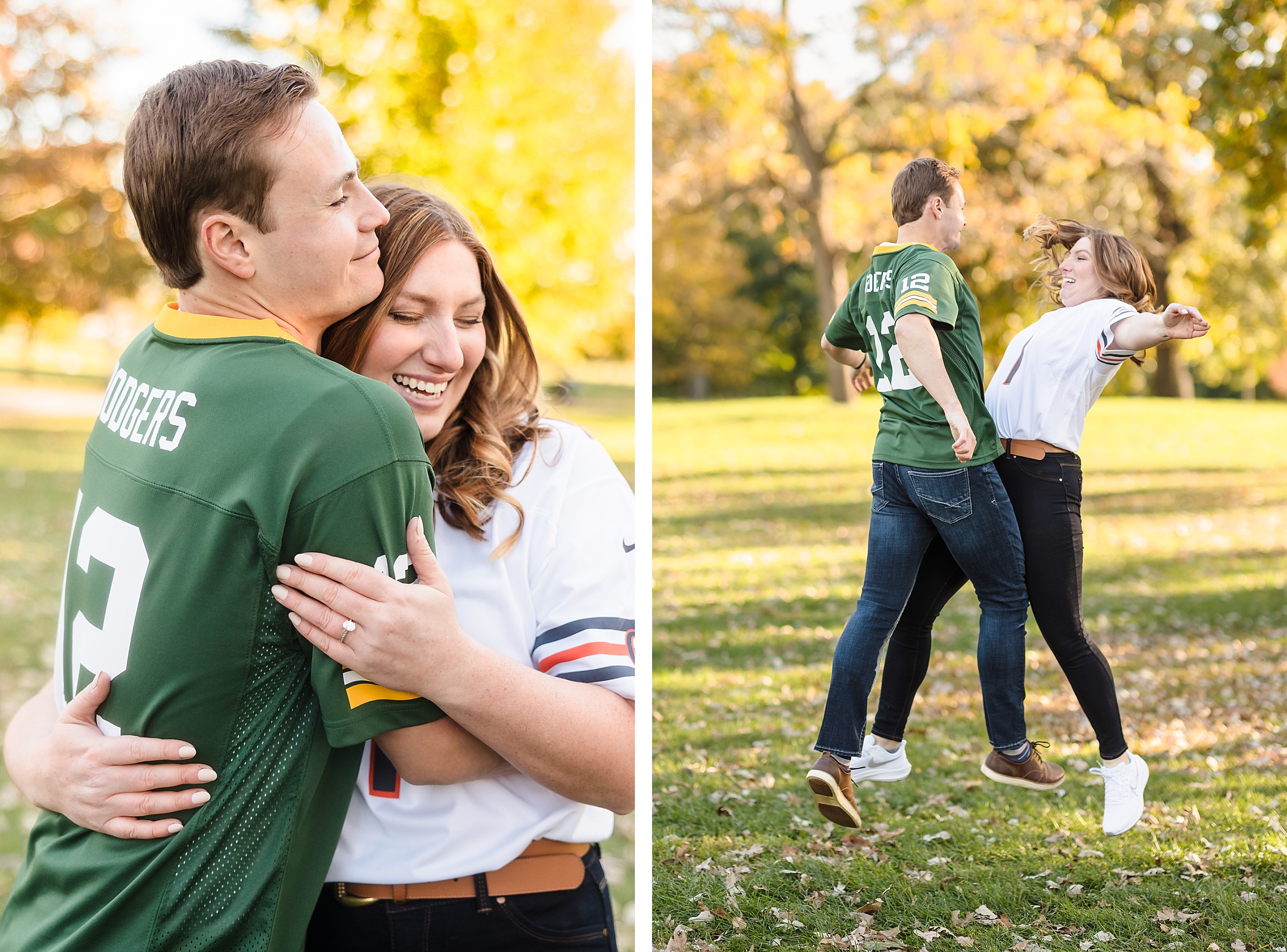 Couple embrace and chest bump during their engagement sessionat Lincoln Park in Chicago, Illinois.