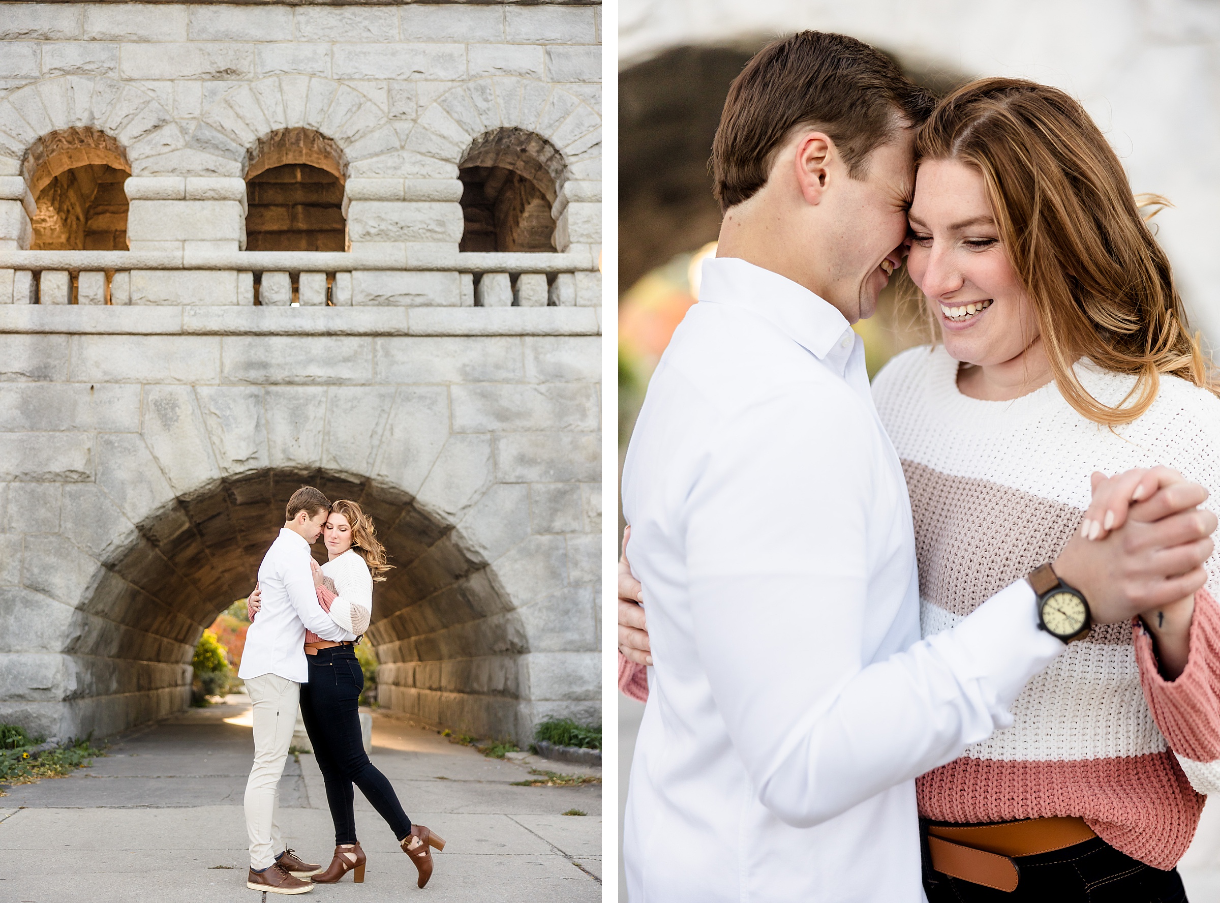 Couple embrace during their engagement sessionat Lincoln Park in Chicago, Illinois