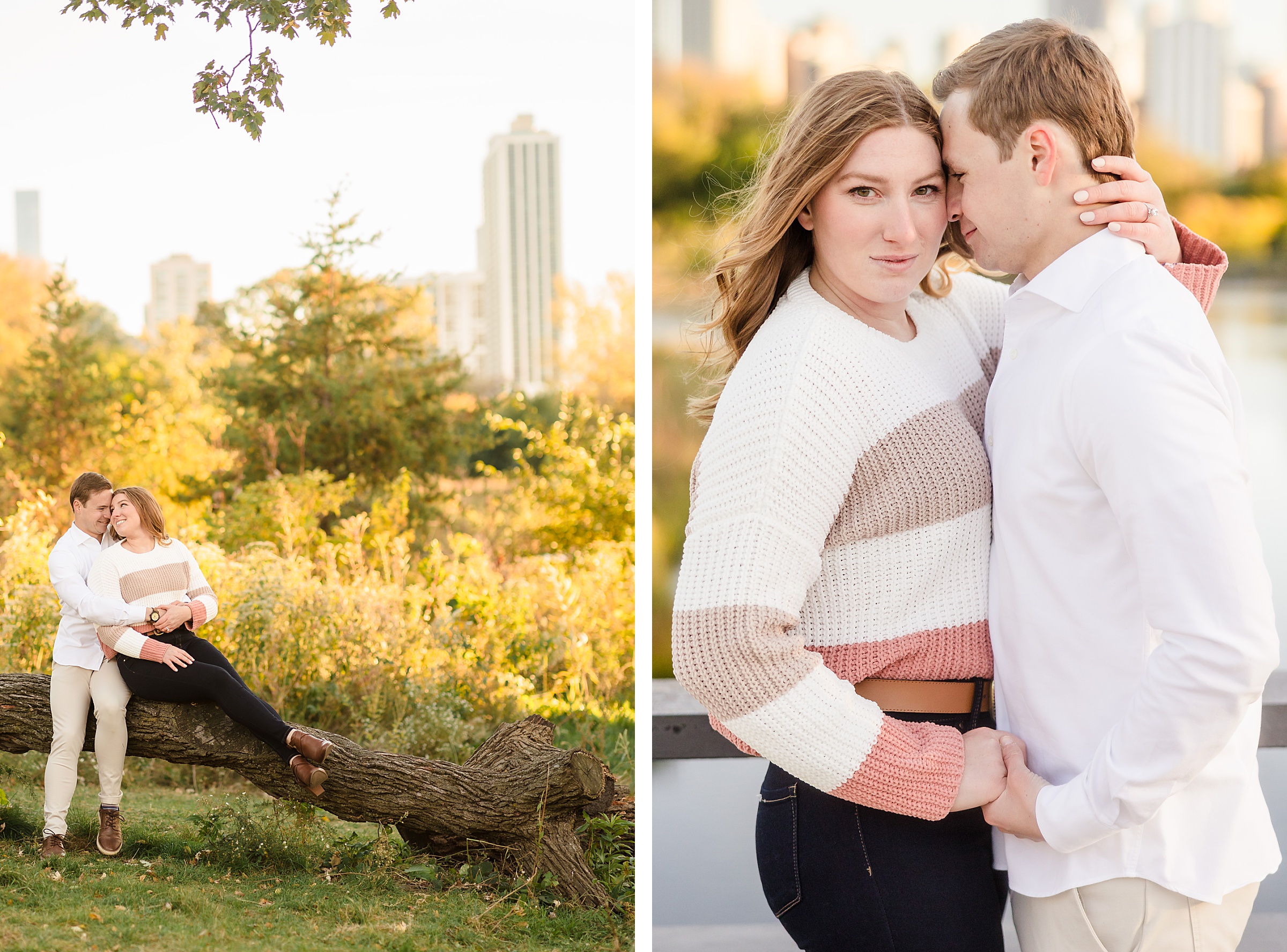 Couple embrace during their engagement sessionat Lincoln Park in Chicago, Illinois.