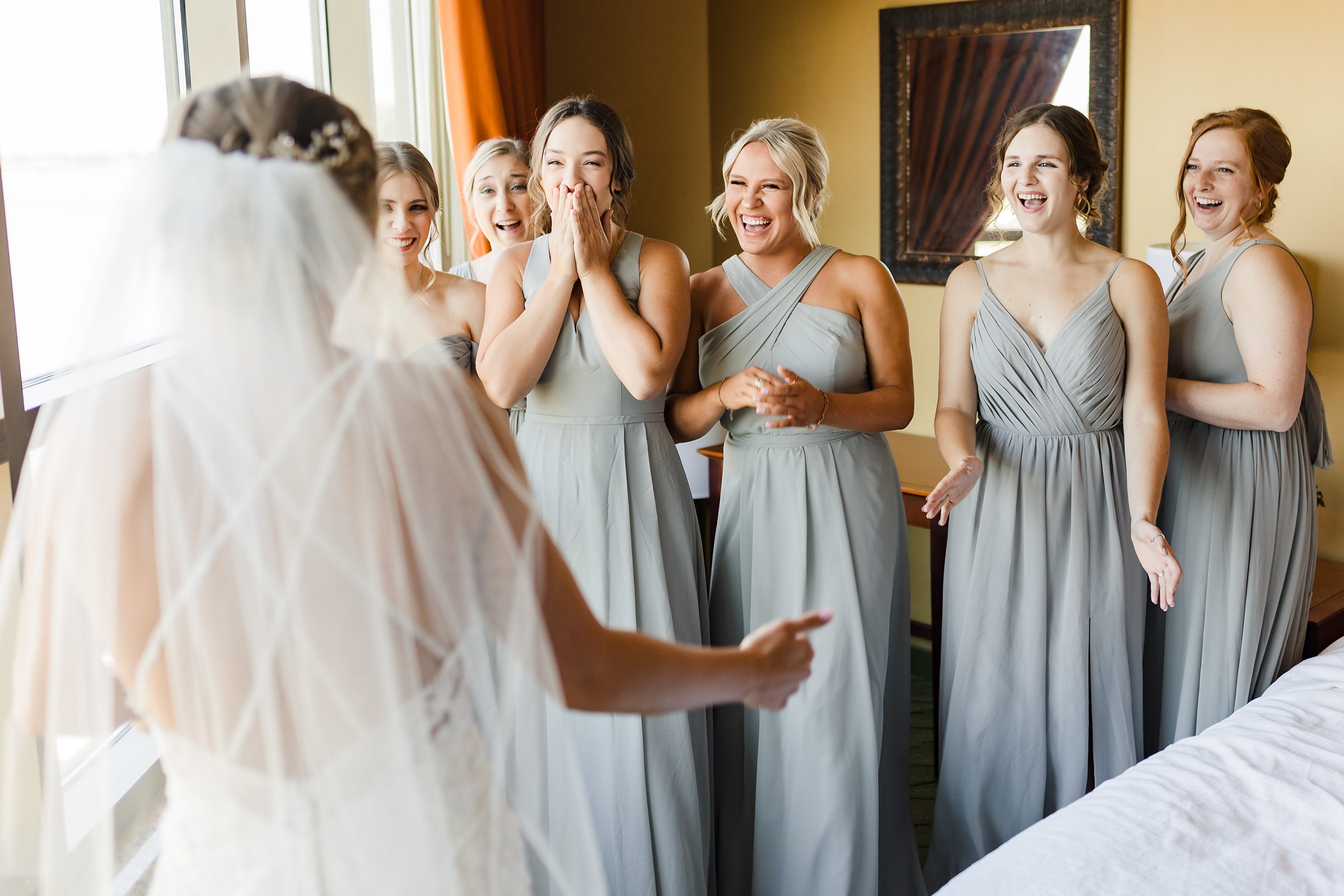 Bride shares a first look with her bridesmaids before her wedding at the Luthy Botanical Garden in Peoria, Illinois