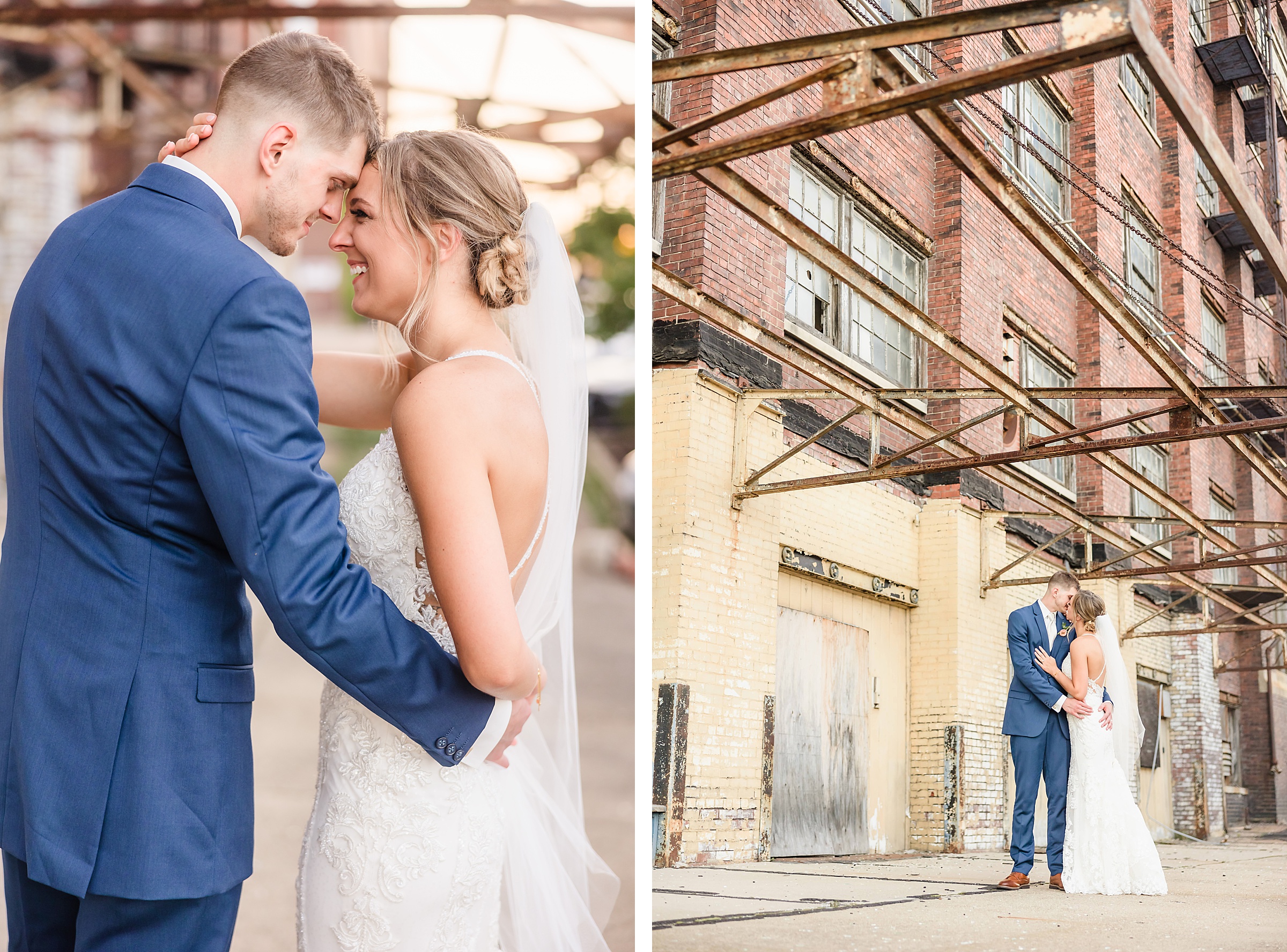 Bride and Groom embrace during their wedding at the Warehouse on State Street in Peoria, Illinois
