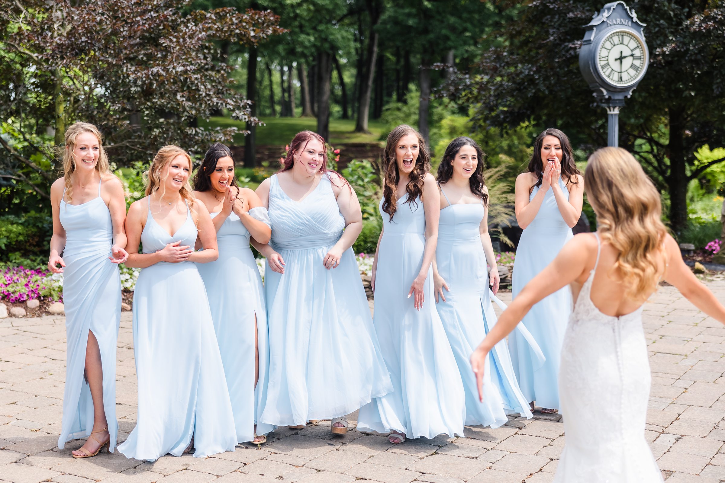Bridesmaids see the bride for the first time at the Monte Bello Estate in Lemont, Illinois.