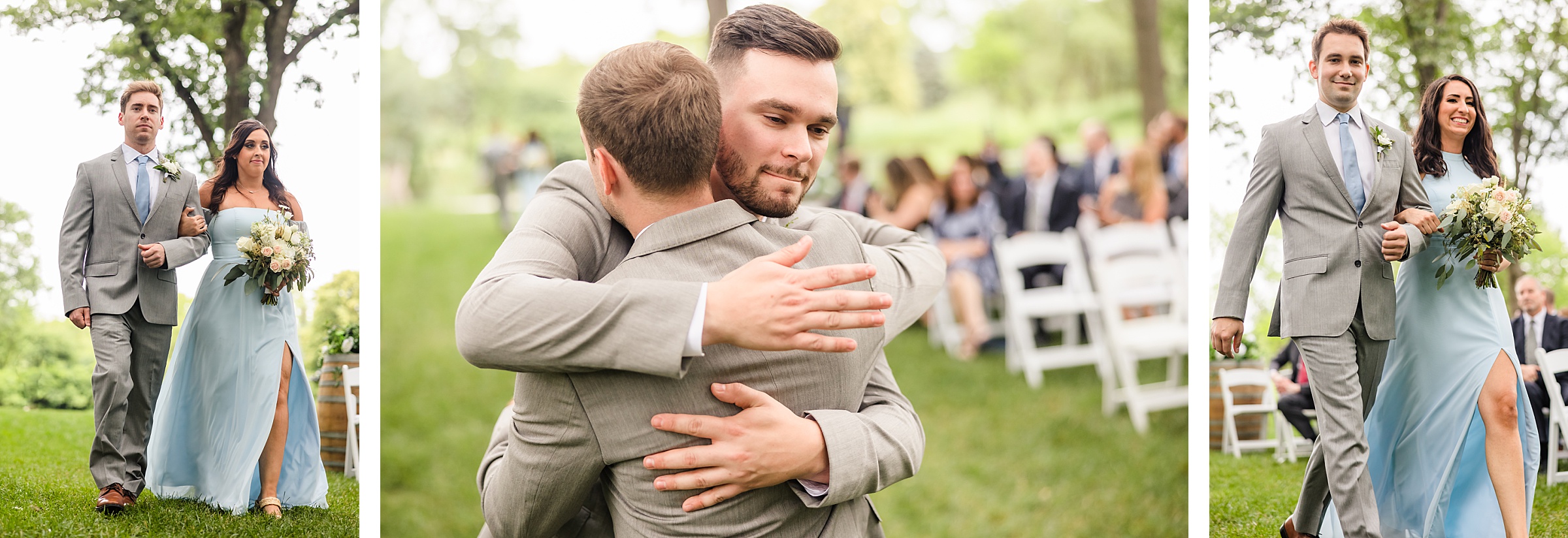 Groomsmen hugs groom during a wedding ceremony at the Monte Bello Estate in Lemont, Illinois