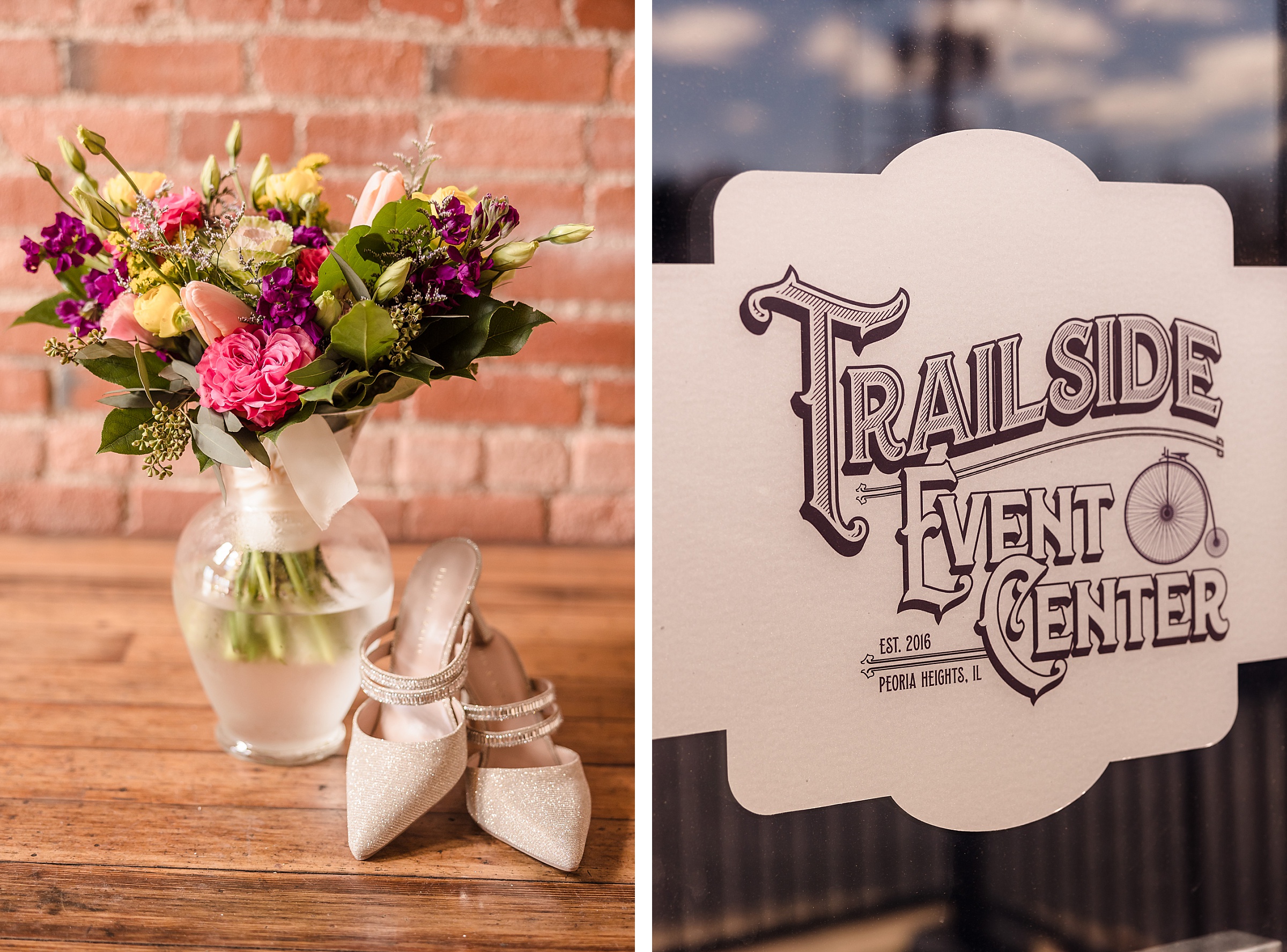 Wedding details at the Trailside Event Center in Peoria Heights, Illinois.