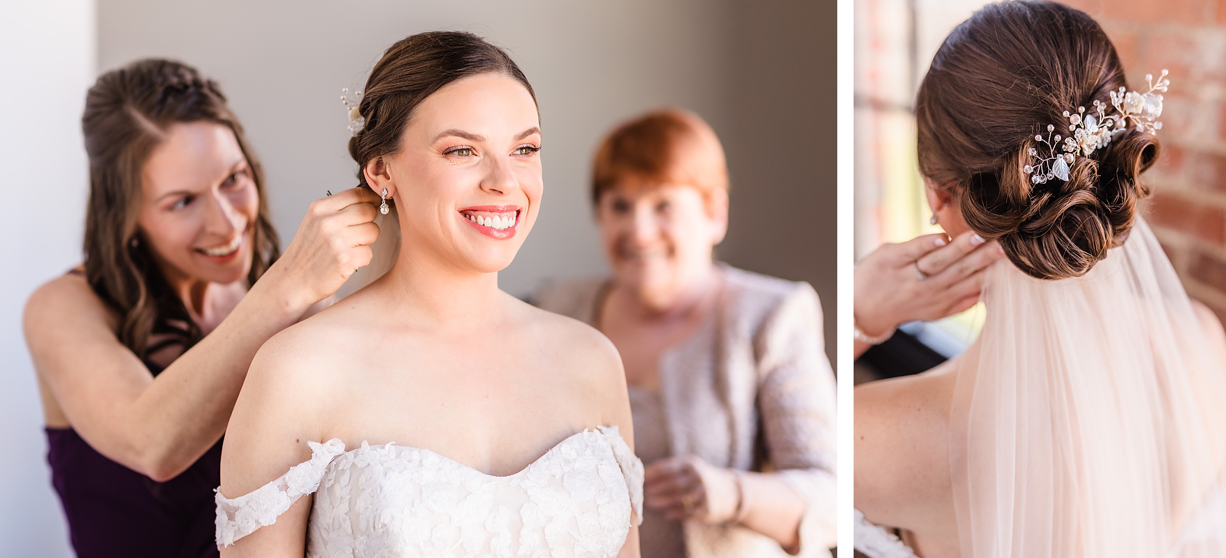 Bride gets ready for her wedding at the Trailside Event Center in Peoria Heights, Illinois.