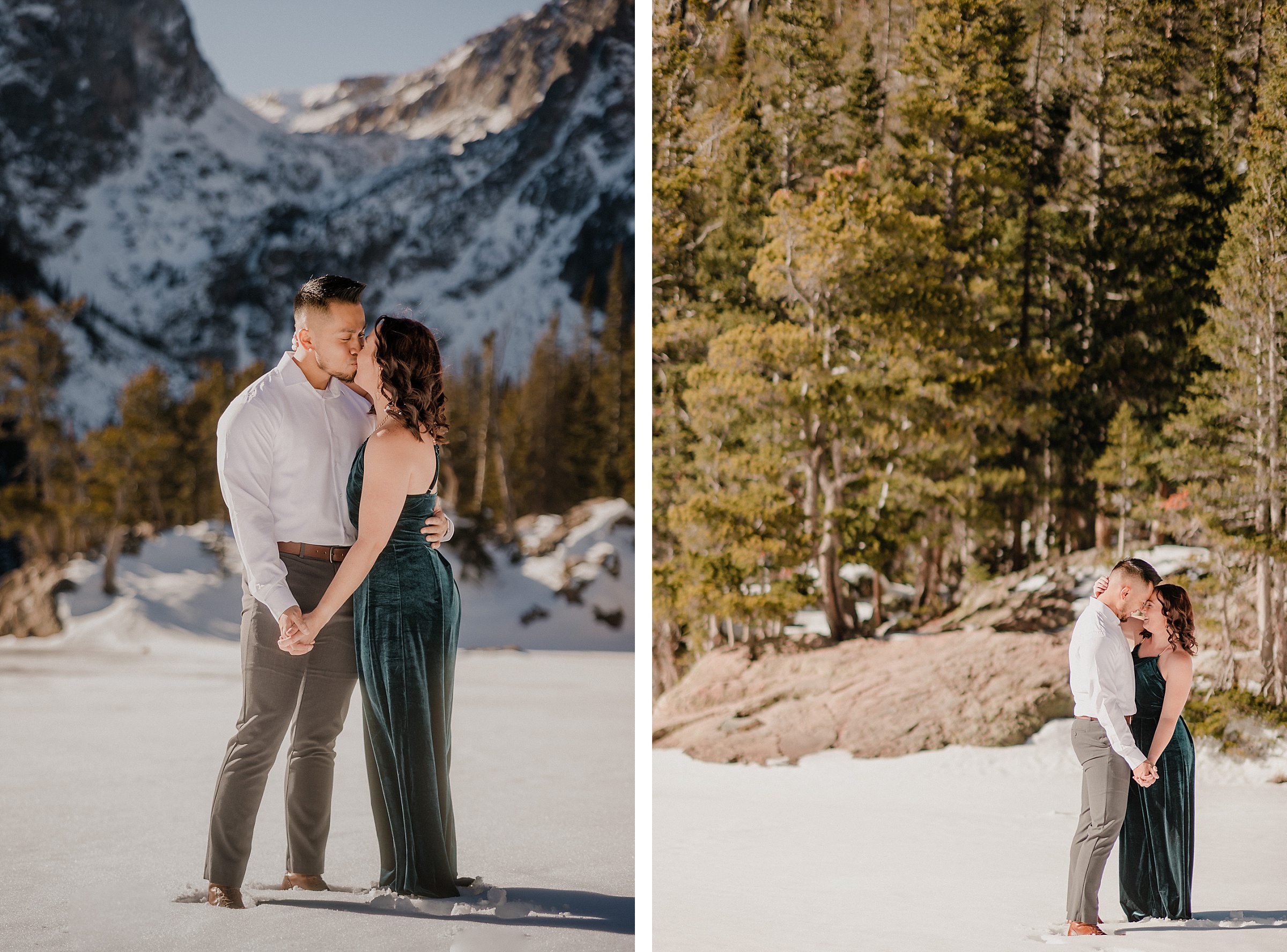 Couple embrace during their Rocky Mountain National Park Engagement session