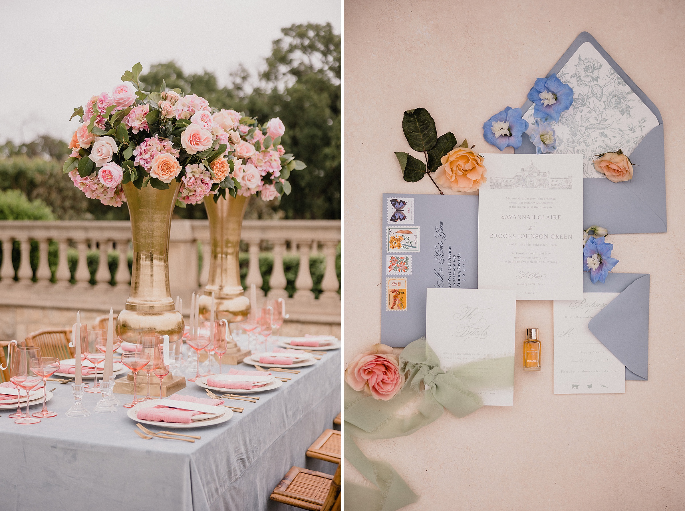 Table details and flatlay at the Olana wedding venue in Hickory Creek, Texas. Photo taken by Austin Wedding Photographers, Joanna and Brett 