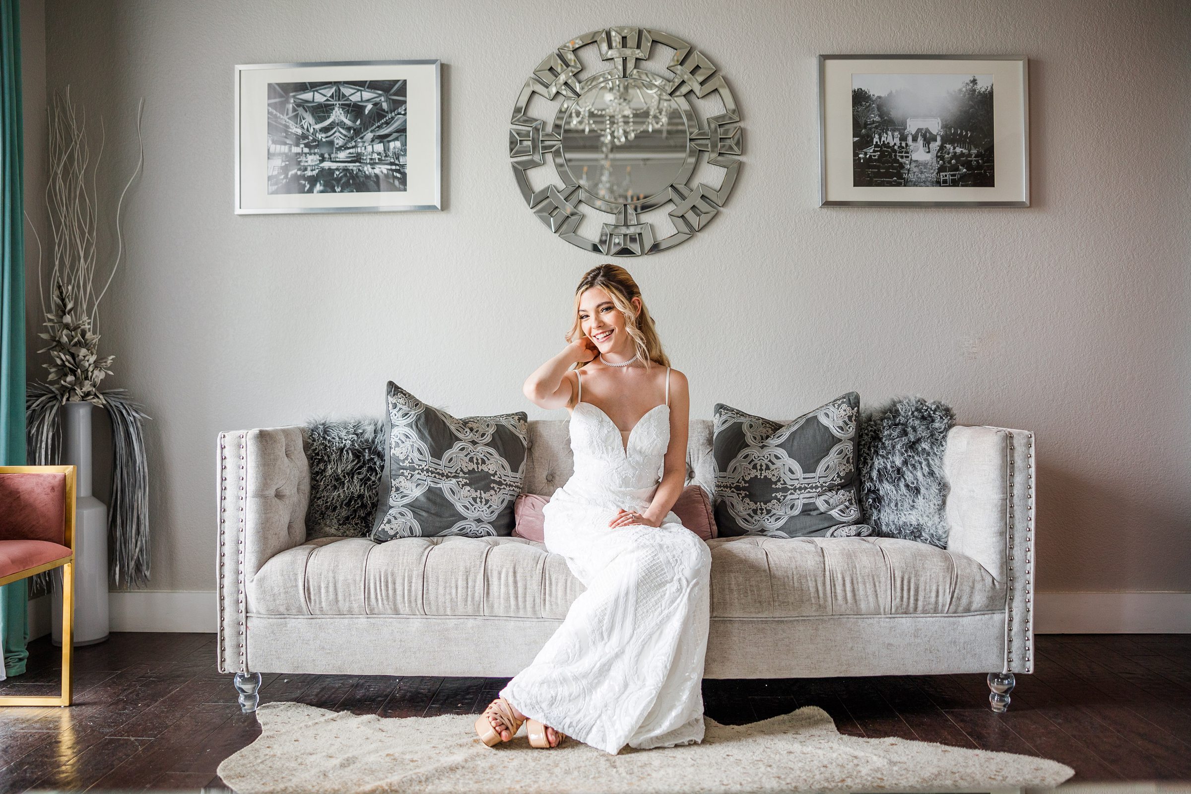 Bride relaxes on the couch at the Terrace Club in Dripping Springs, Texas.