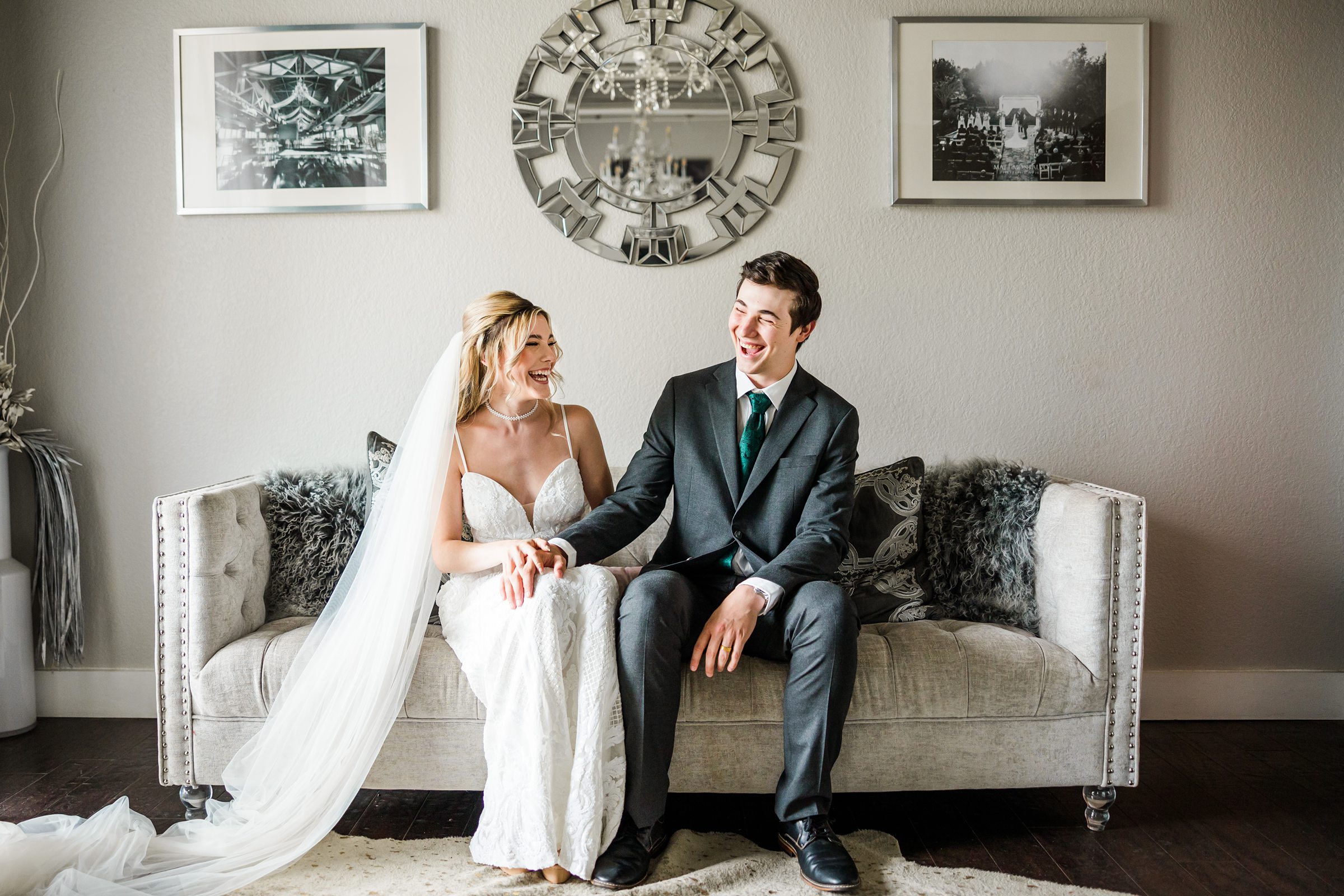 Bride and groom share a laugh at the Terrace Club in Dripping Springs, Texas.