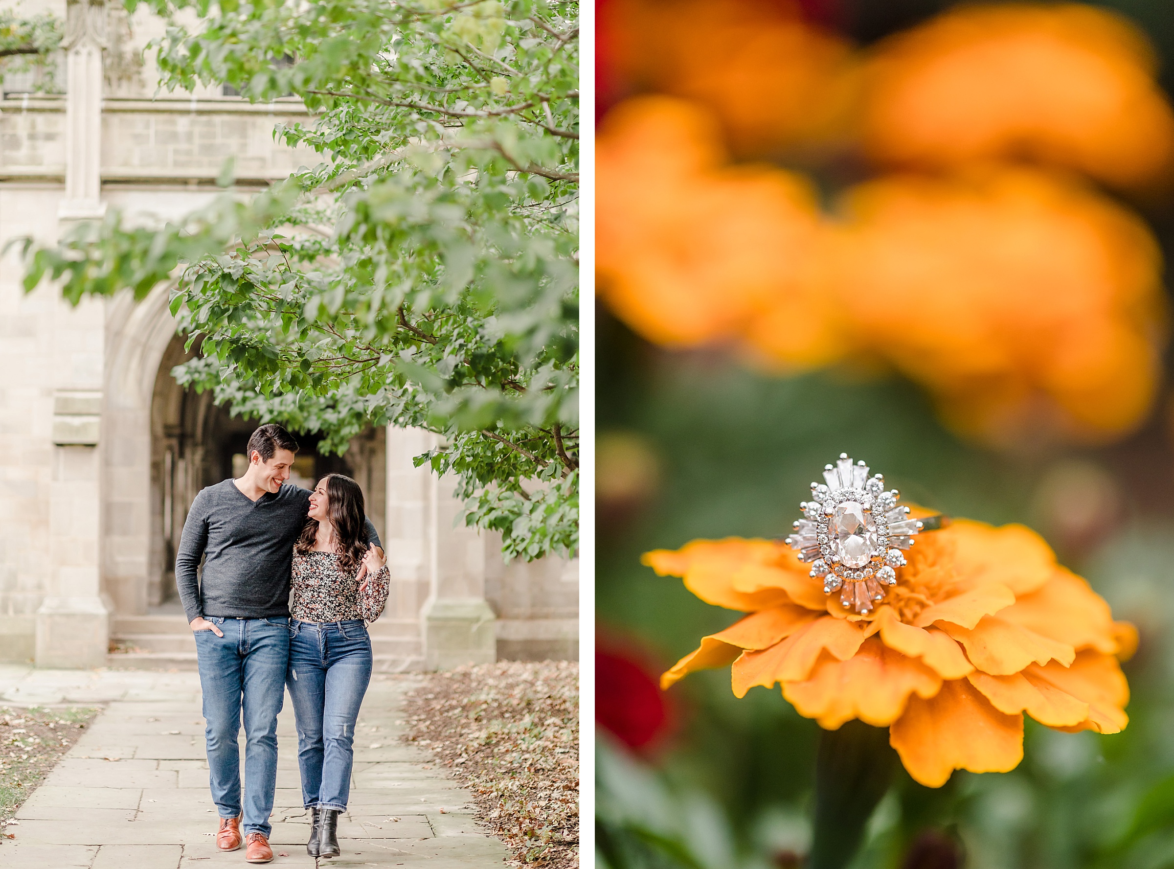 Couple walk together during their engagement session at the University of Chicago in Chicago, Illinois.