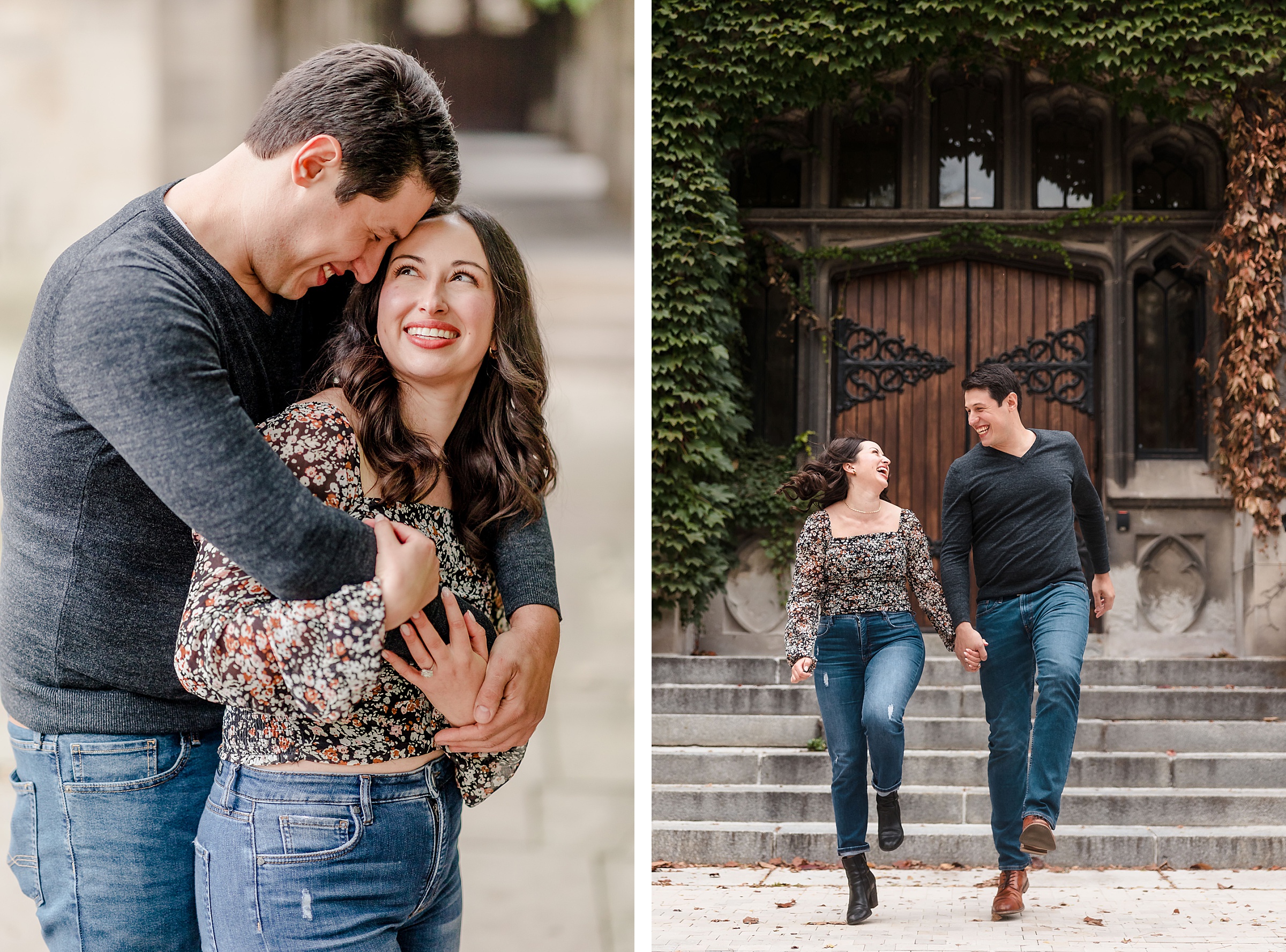 Couple embrace during their engagement session at the University of Chicago in Chicago, Illinois.